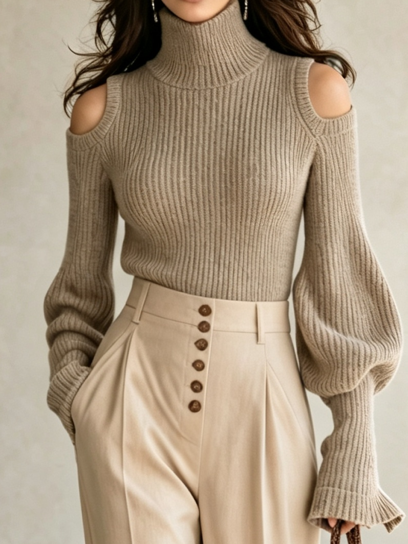 Camel Cold-Shoulder Turtleneck Sweater