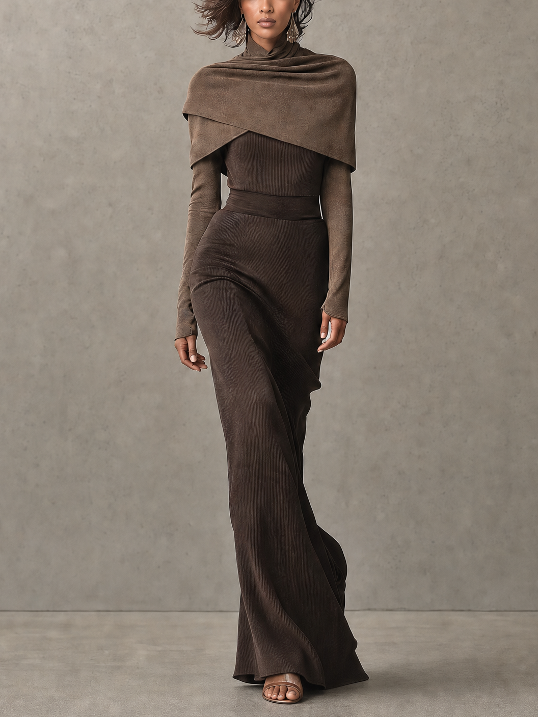 Chocolate Brown Ribbed Maxi Dress Set With Suede Sleeves And Draped Cape Overlay