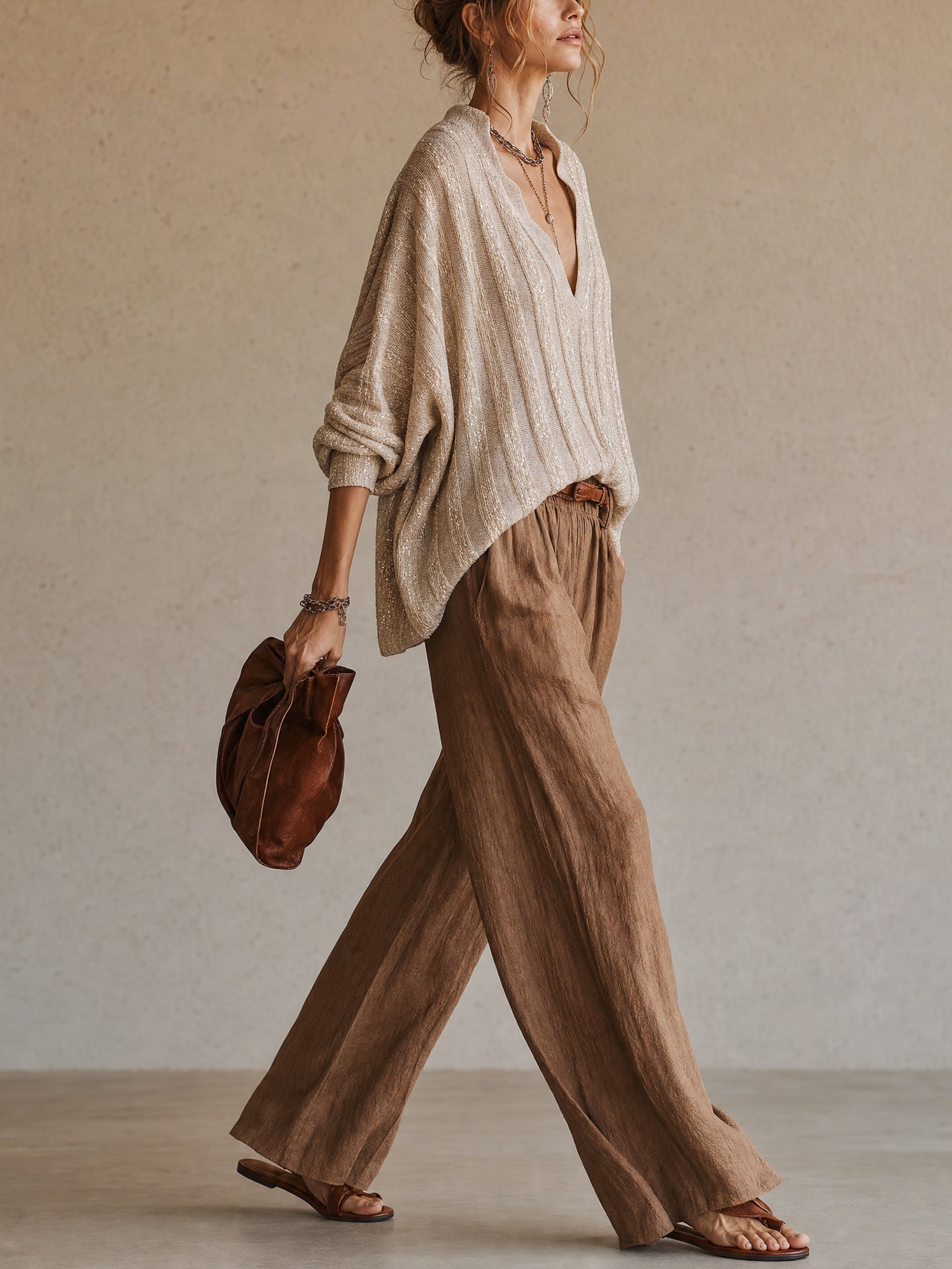 Beige Shimmer Ribbed Loose Lightweight Long Sleeve Sweater