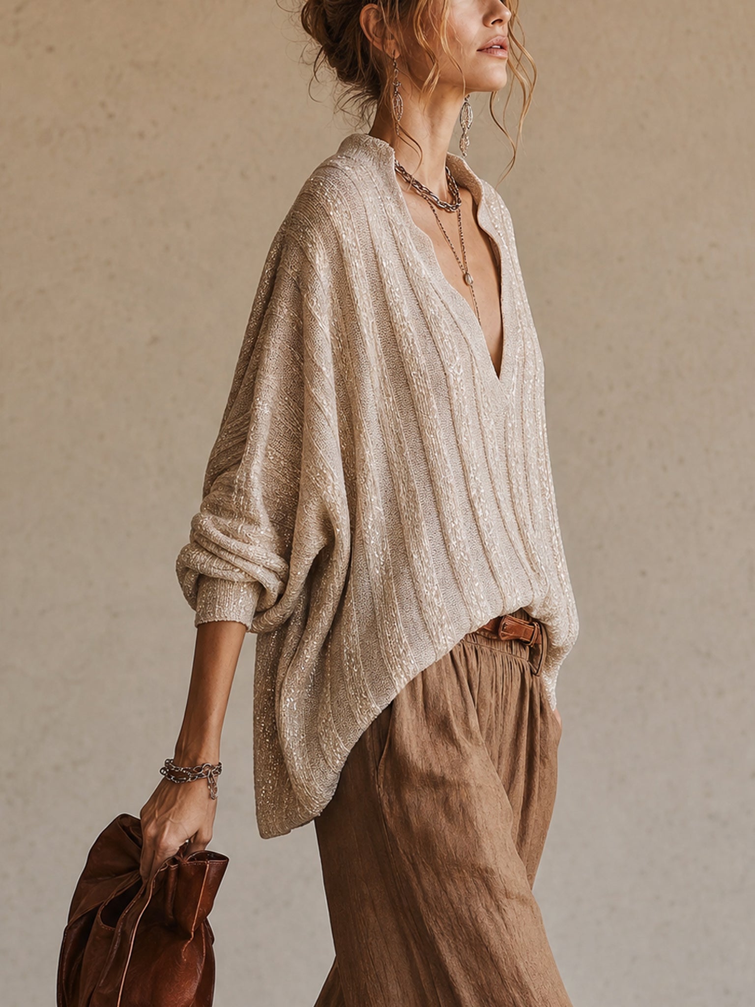 Beige Shimmer Ribbed Loose Lightweight Long Sleeve Sweater