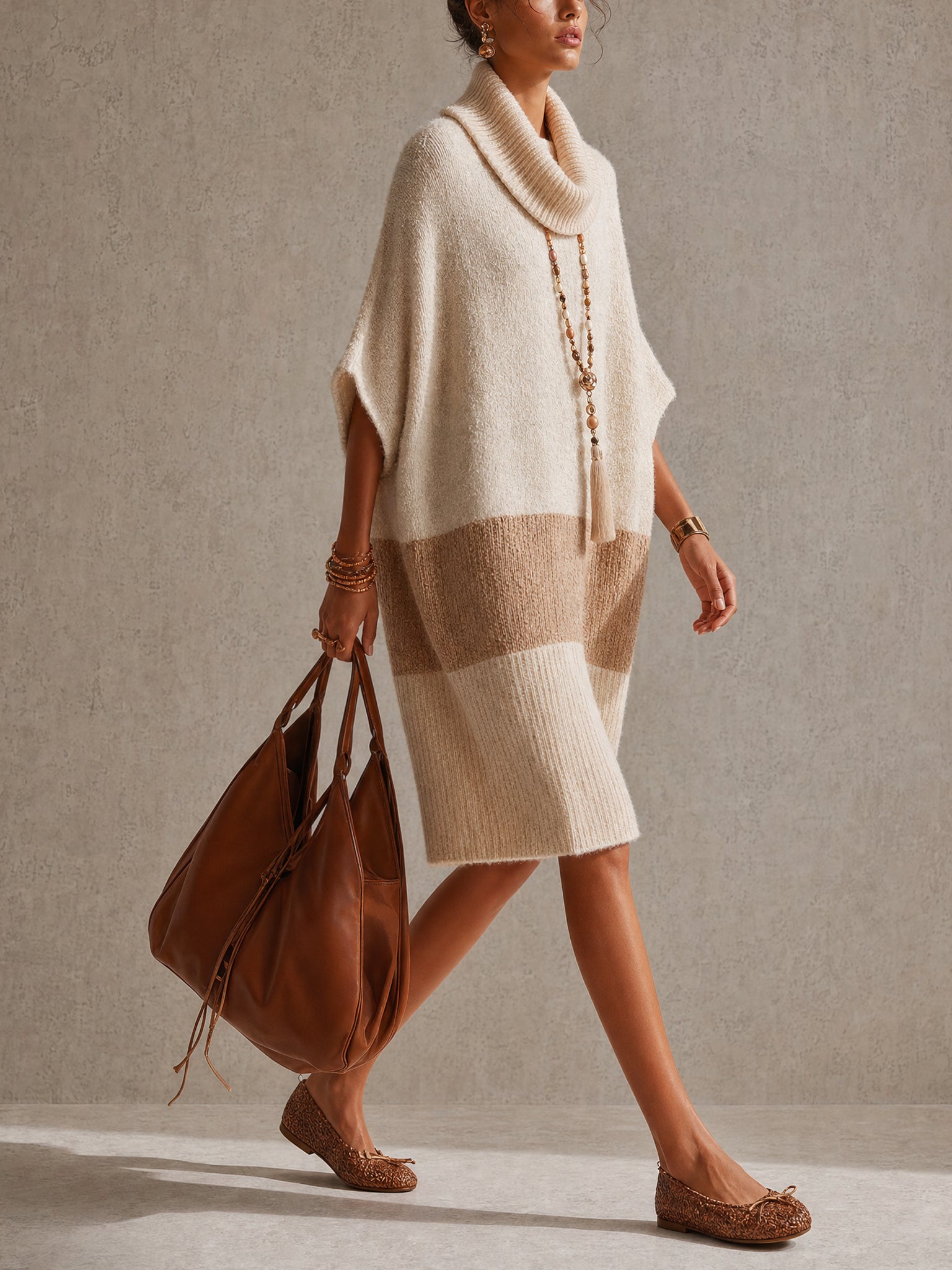 Beige Color Block Loose Short Sleeve Knit Midi Dress
