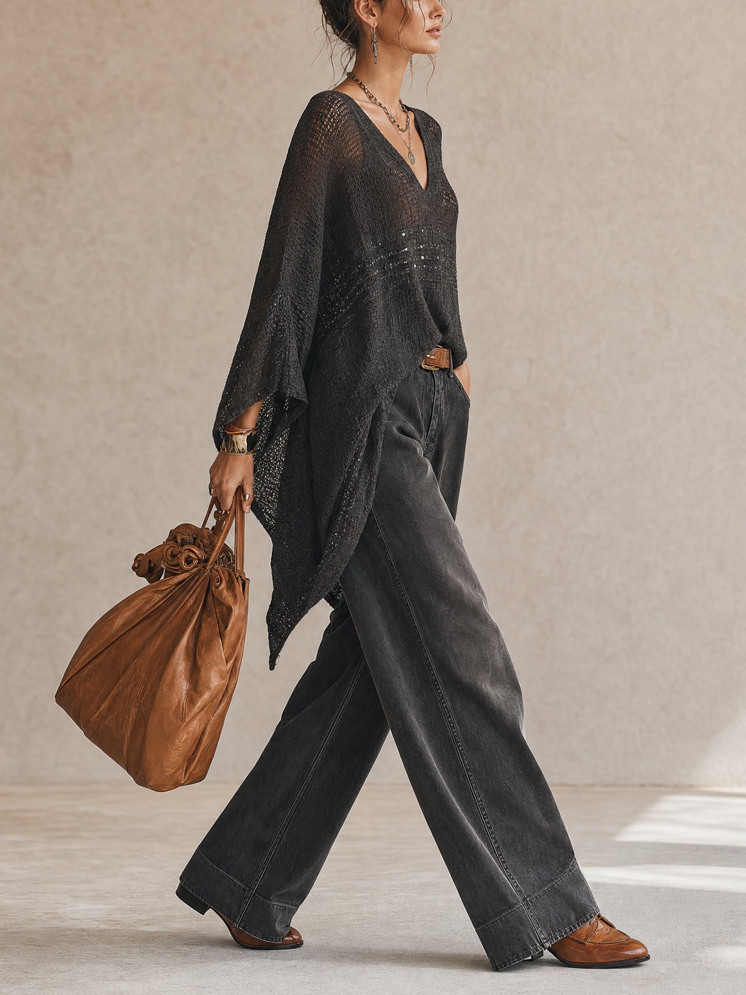 Black Shimmer V-Neck Loose Long Sleeve Sweater