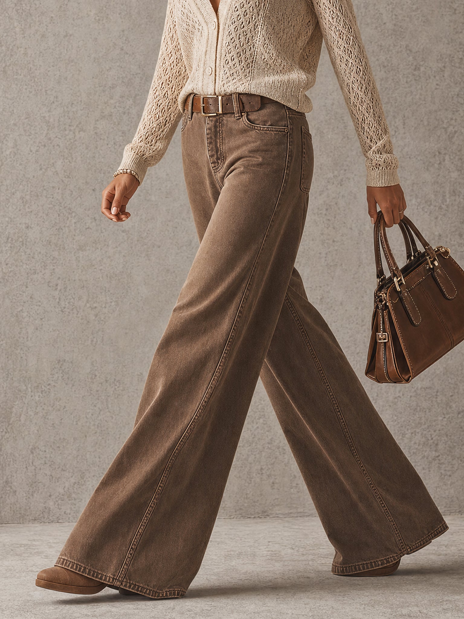 Brown Washed Cotton Loose Wide Leg Jeans