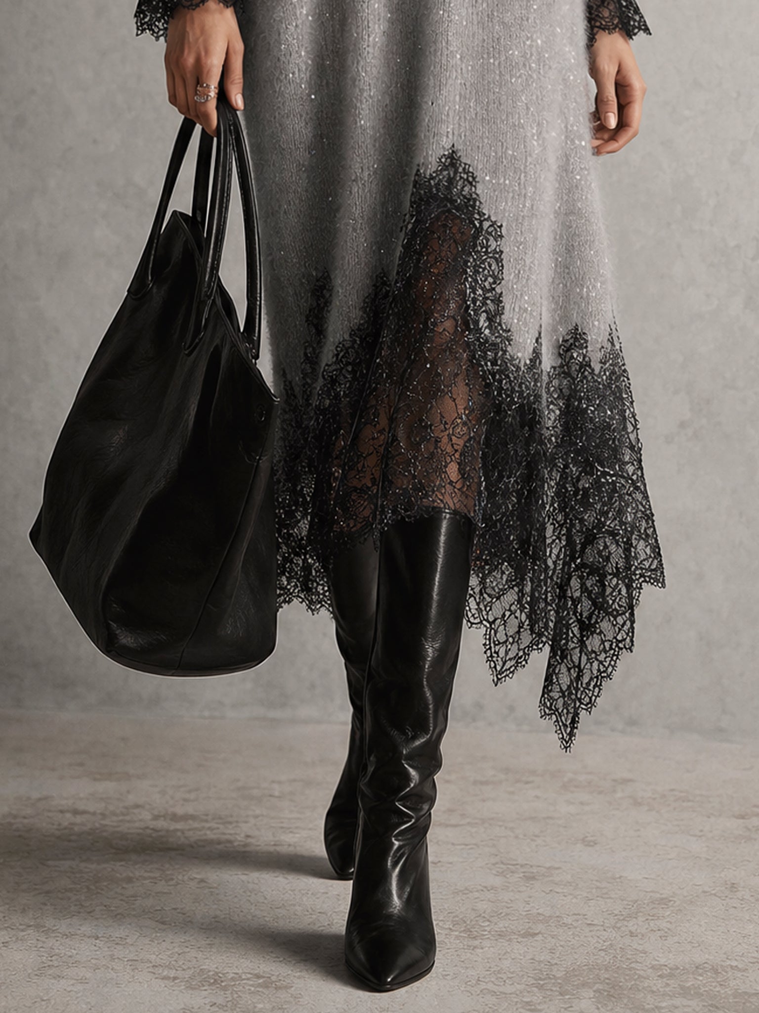 Gray Shimmer Knit Lace Hem Midi Dress