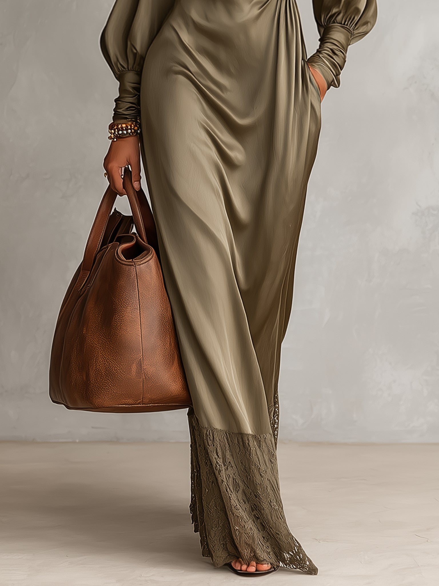 Olive Green Satin Lace Trim Maxi Dress