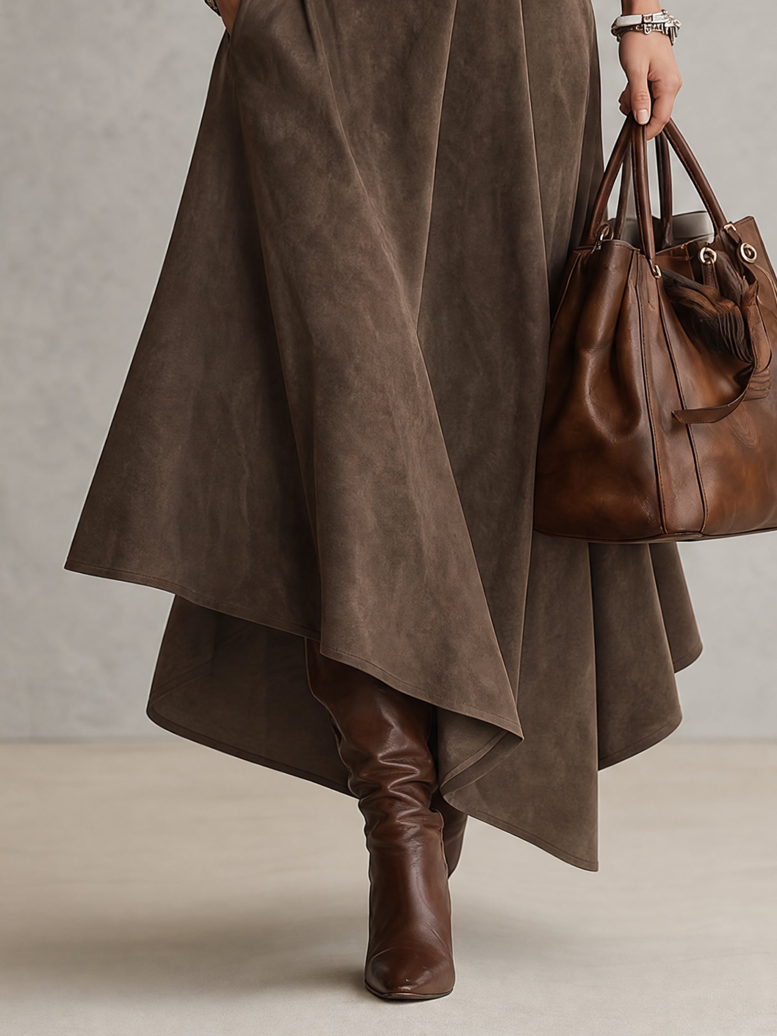 Taupe Stretch Turtleneck Top And Asymmetrical Suede Skirt Set