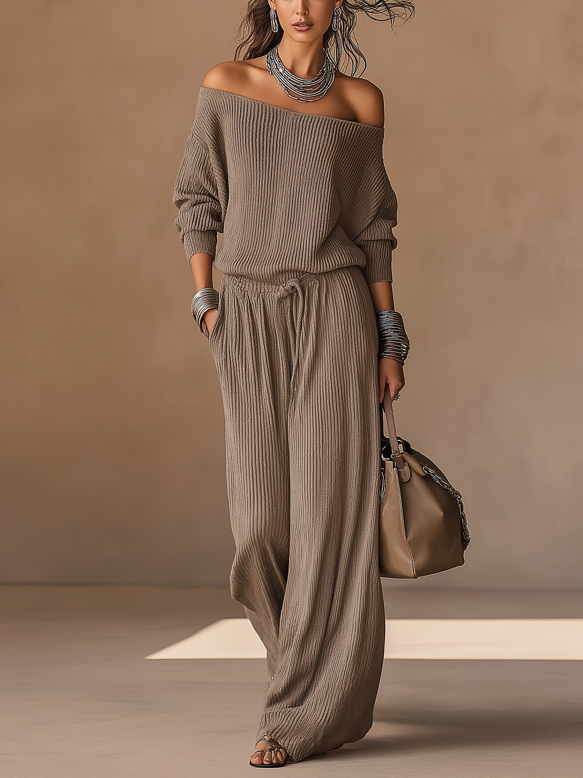 Taupe Ribbed Knit Off‑The‑Shoulder Wide‑Leg Jumpsuit