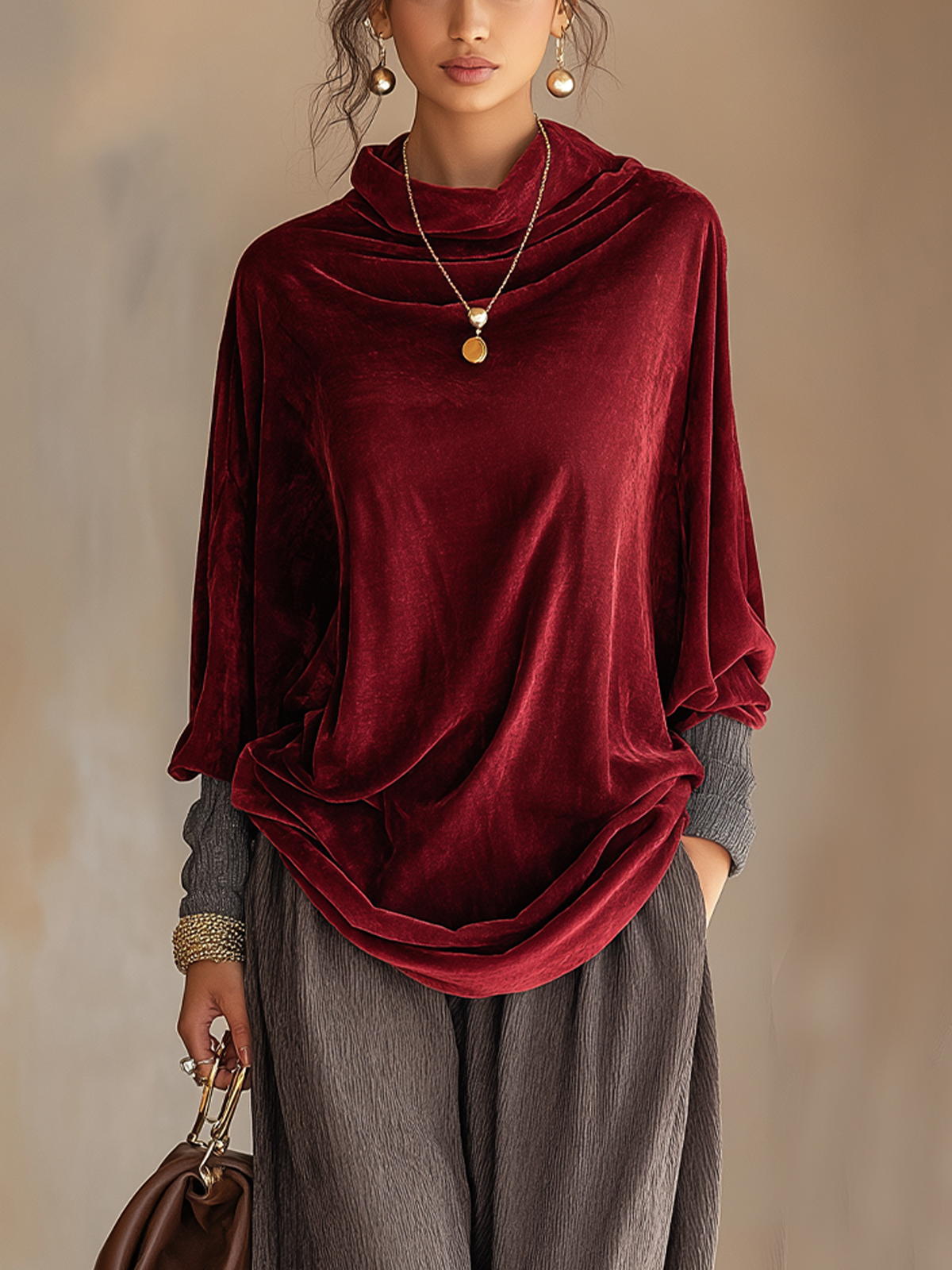 Burgundy Velvet Cowl Neck Batwing Sleeve Blouse