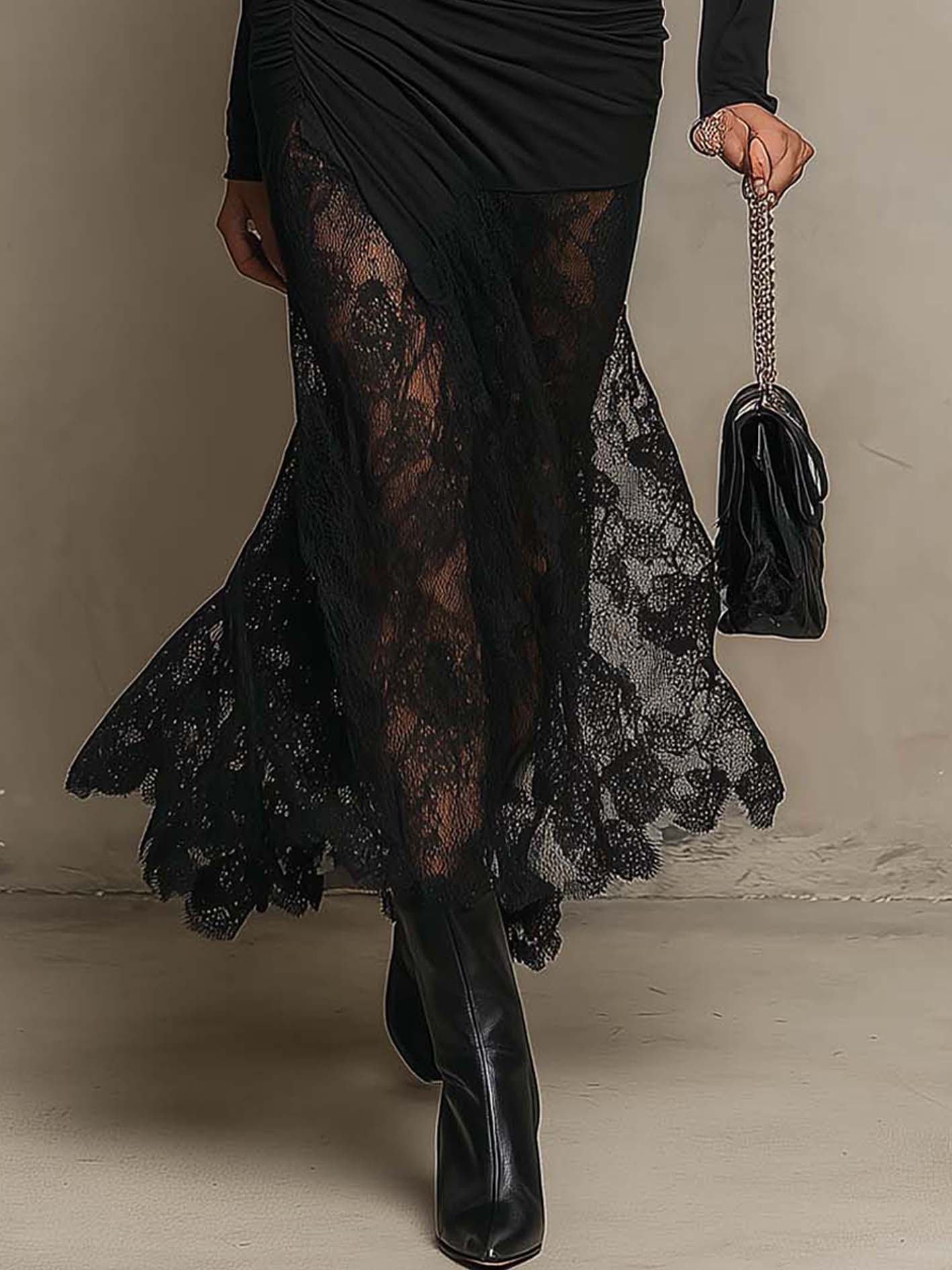 Black Ruched Bodycon Maxi Dress With Lace Patchwork Mermaid Hem
