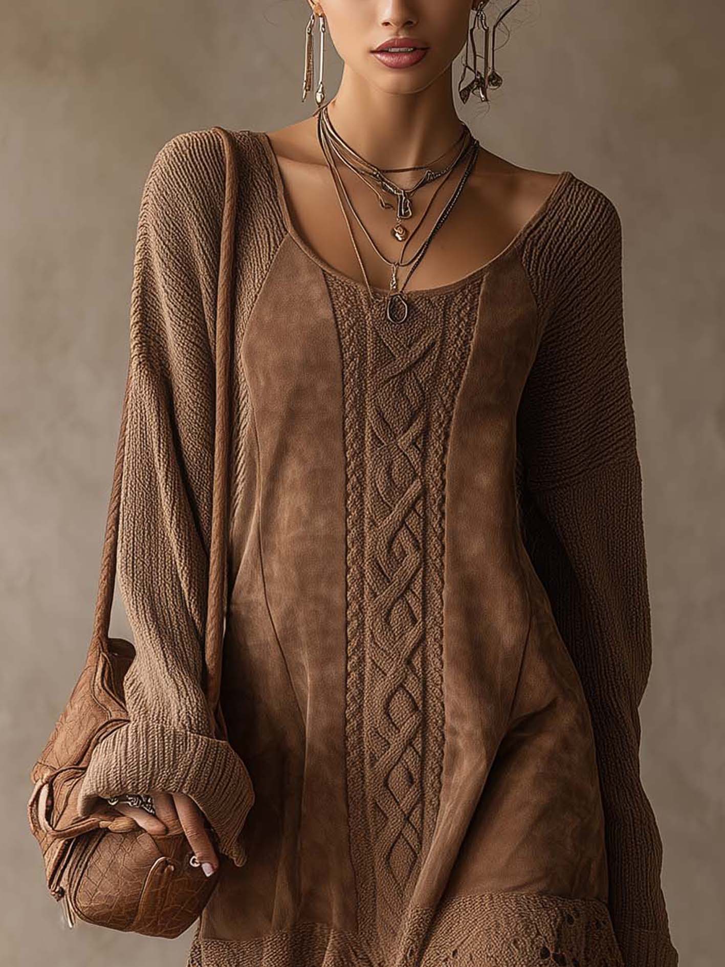 Mocha Cable Knit Patchwork Mini Dress With Lace Trim Hem