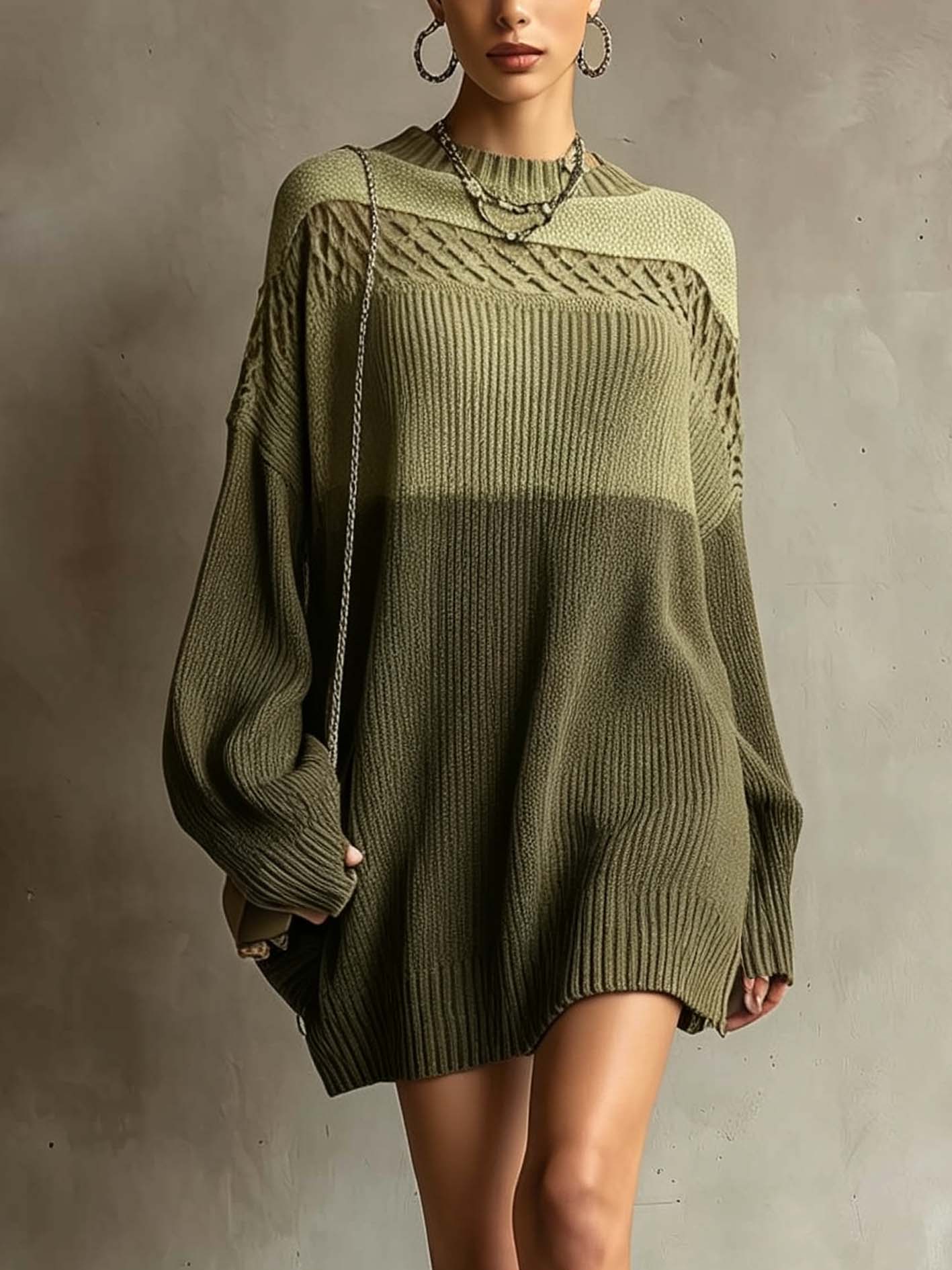 Olive Green Color Block Ribbed Knit Mini Sweater Dress