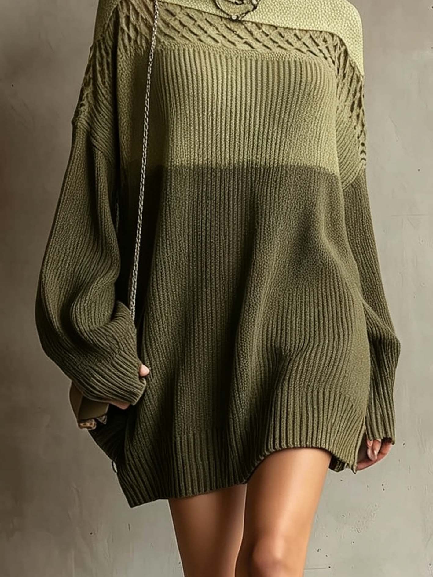 Olive Green Color Block Ribbed Knit Mini Sweater Dress