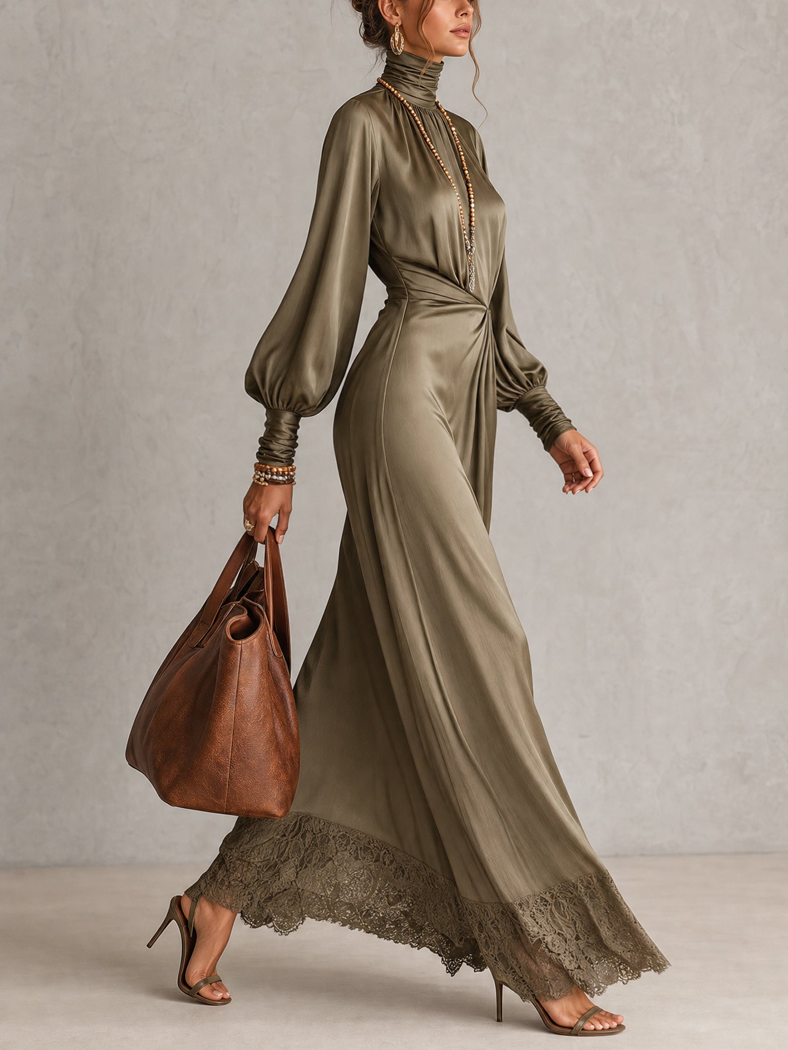 Olive Green Satin Lace Trim Maxi Dress