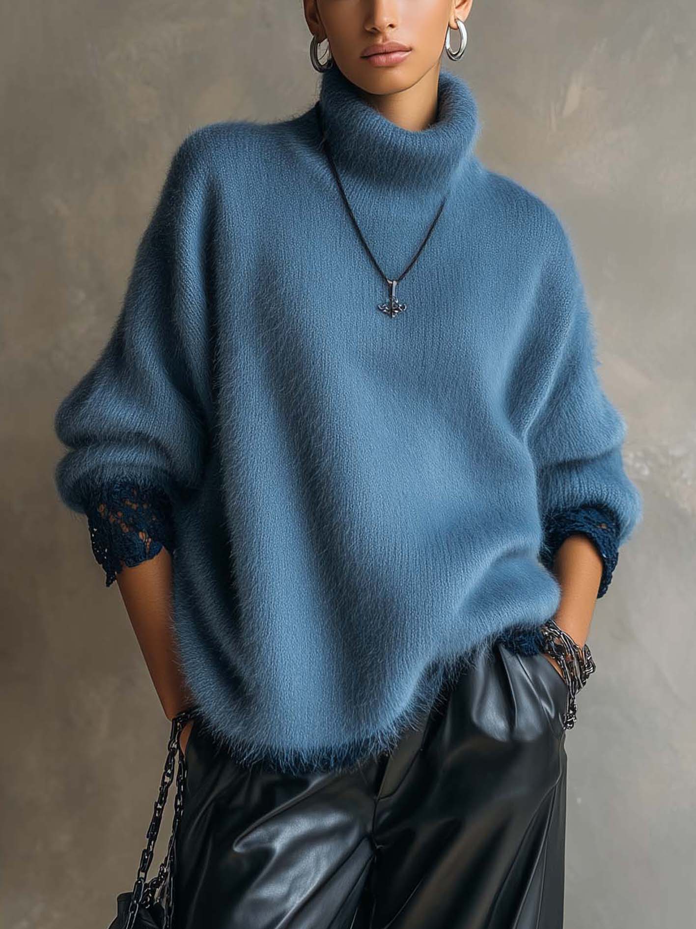 Dusty Blue Fuzzy Turtleneck Sweater With Contrast Lace Cuffs