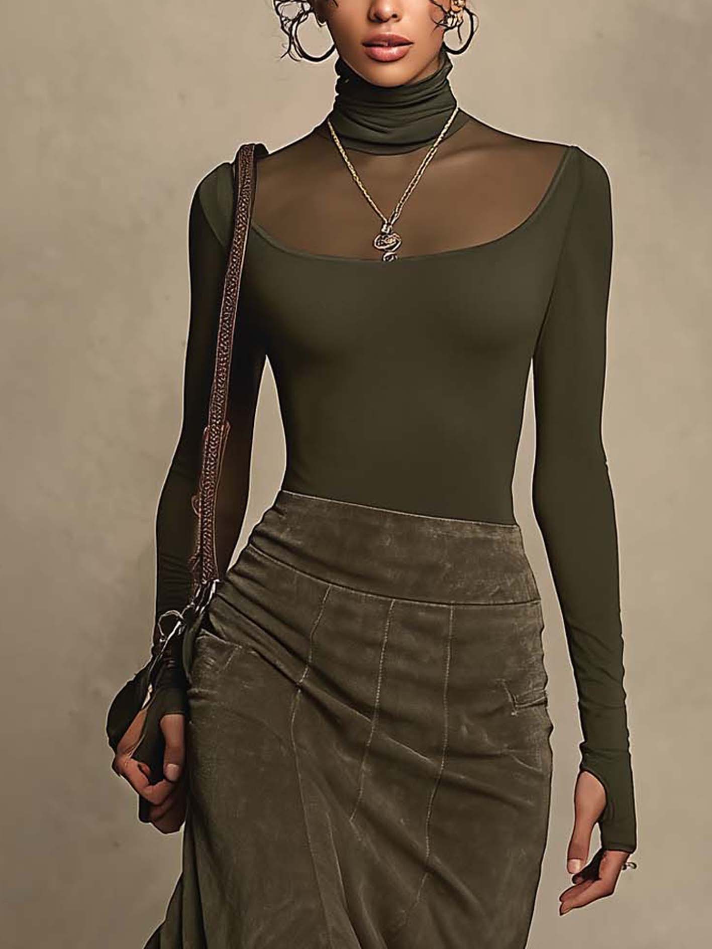Olive Green Mesh Panel Top And Faux Suede Maxi Skirt Set