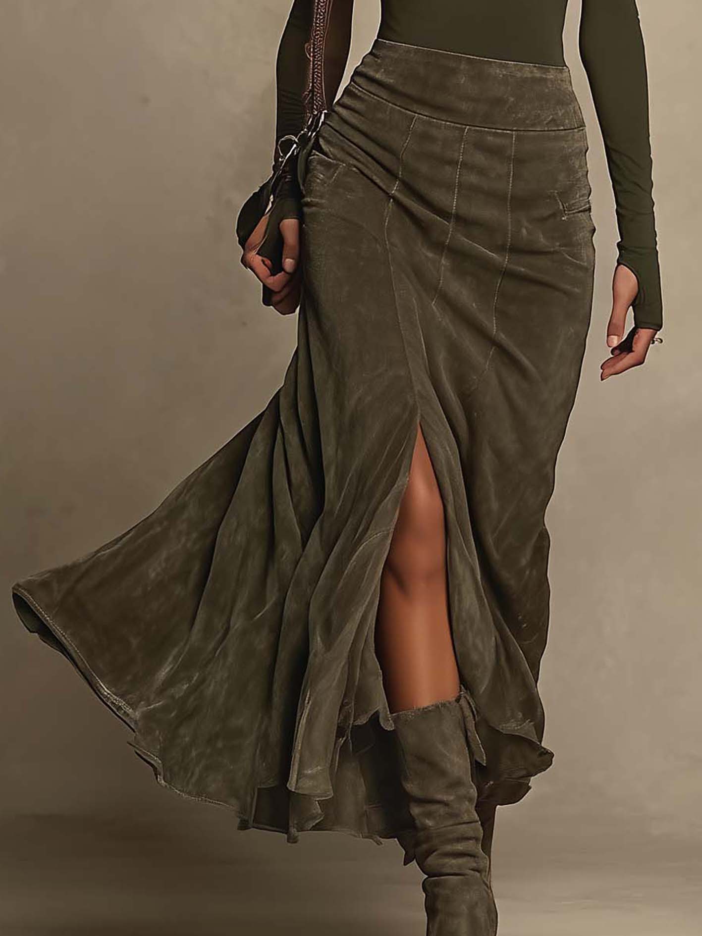 Olive Green Mesh Panel Top And Faux Suede Maxi Skirt Set