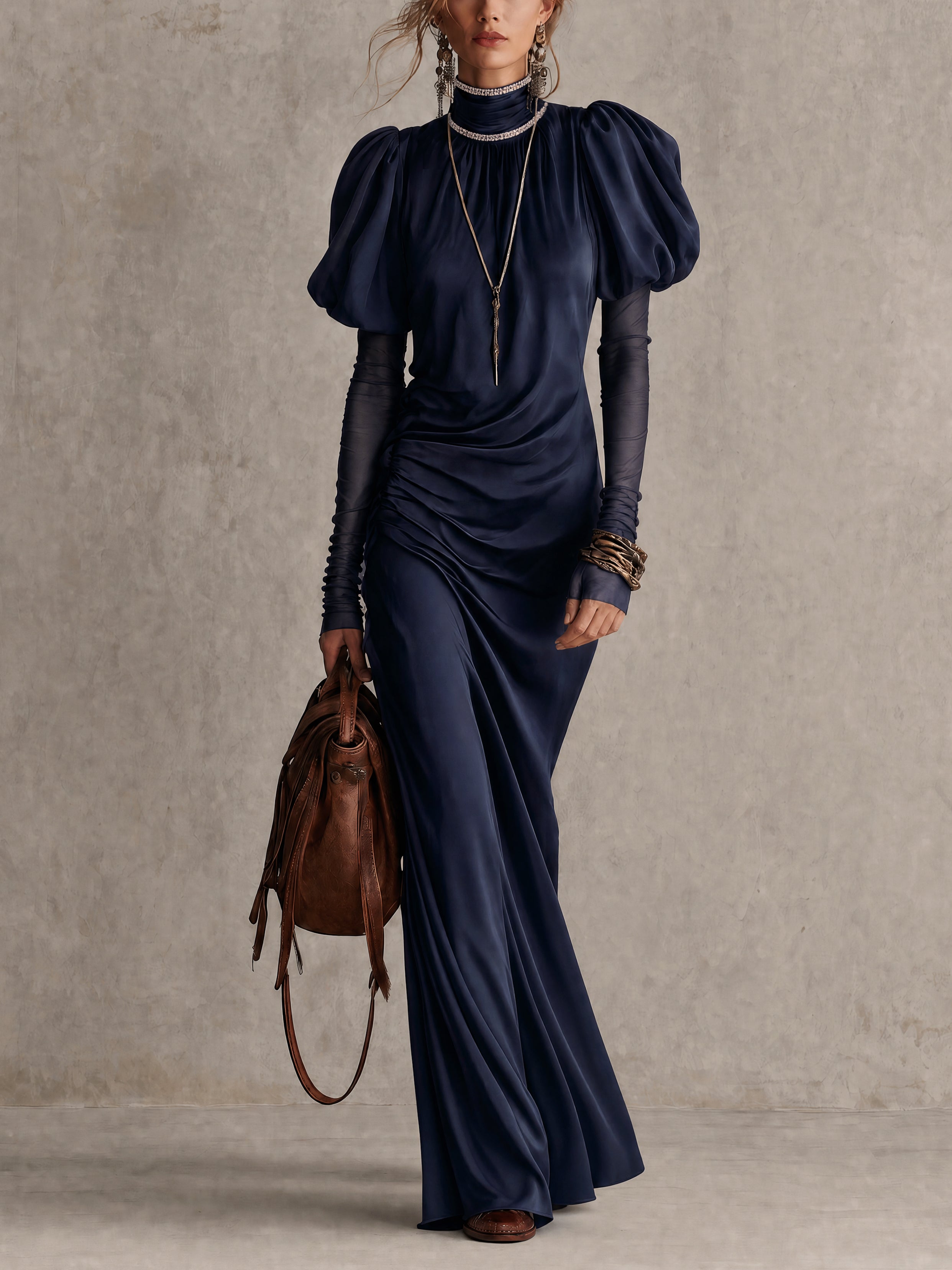 Blue Satin Rhinestone Collar Maxi Dress