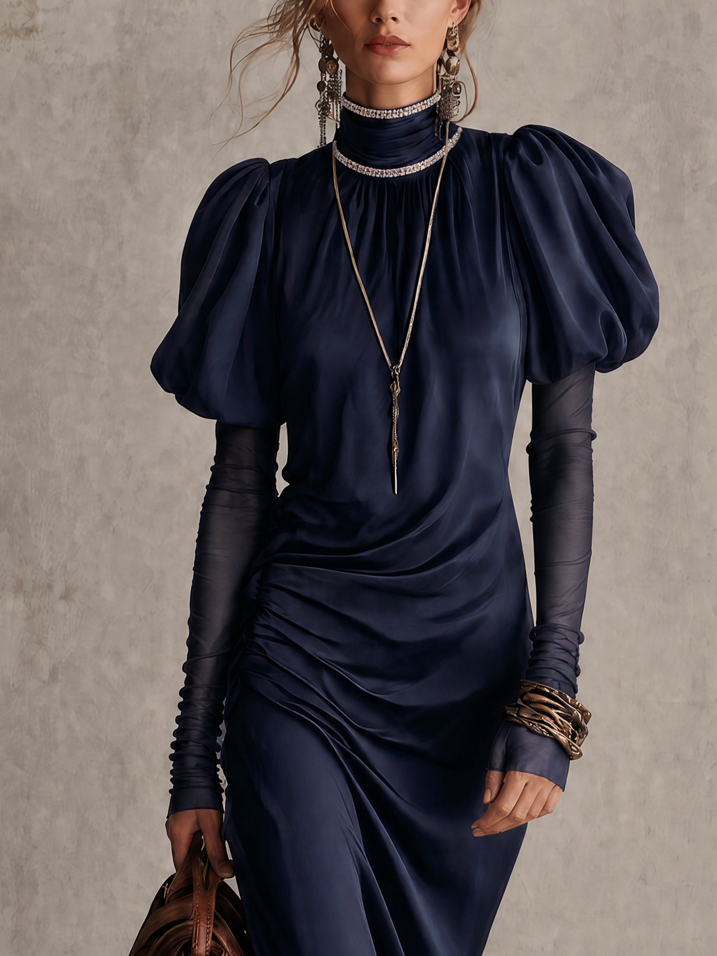 Blue Satin Rhinestone Collar Maxi Dress