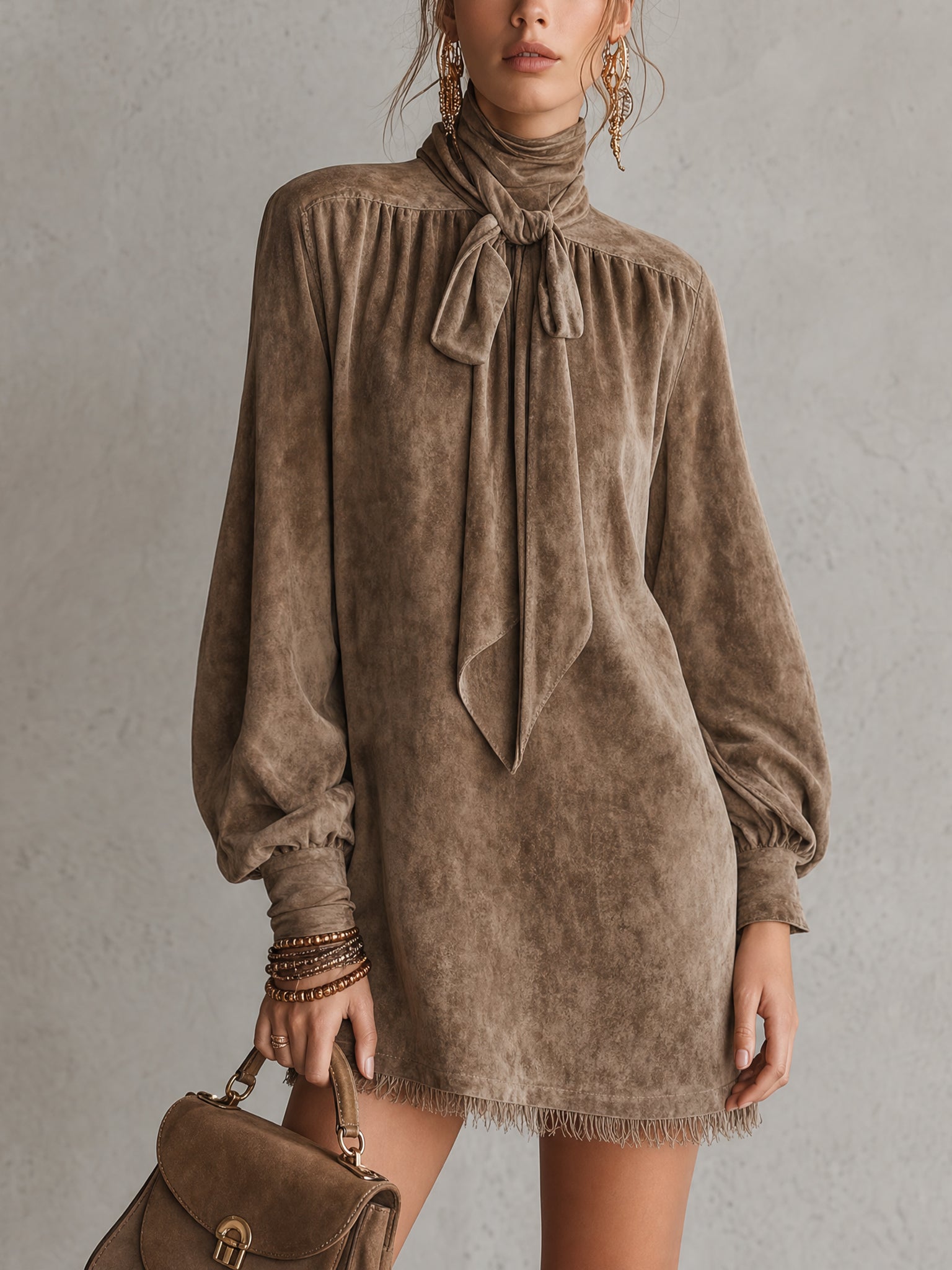 Brown Vintage Faux Suede Loose Mini Dress