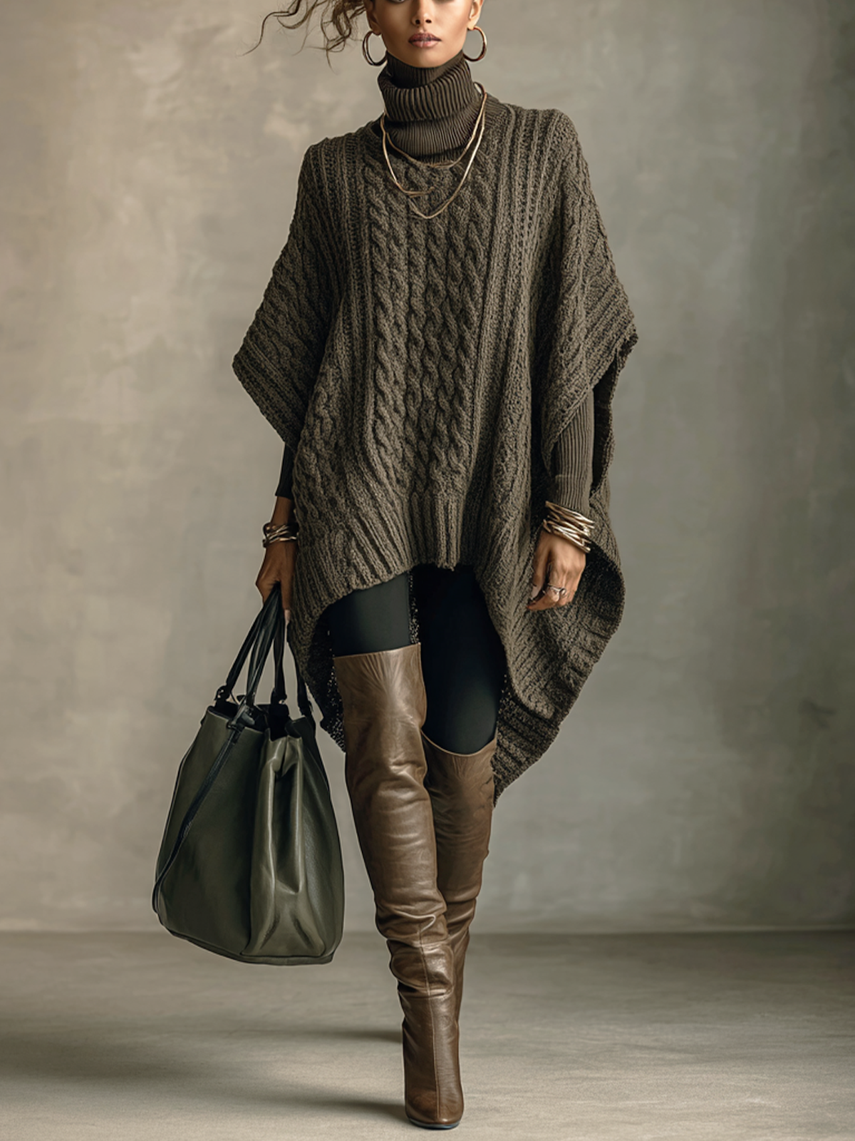 Olive Cable Knit Cape‑Style Long Sleeve Mini Sweater Dress