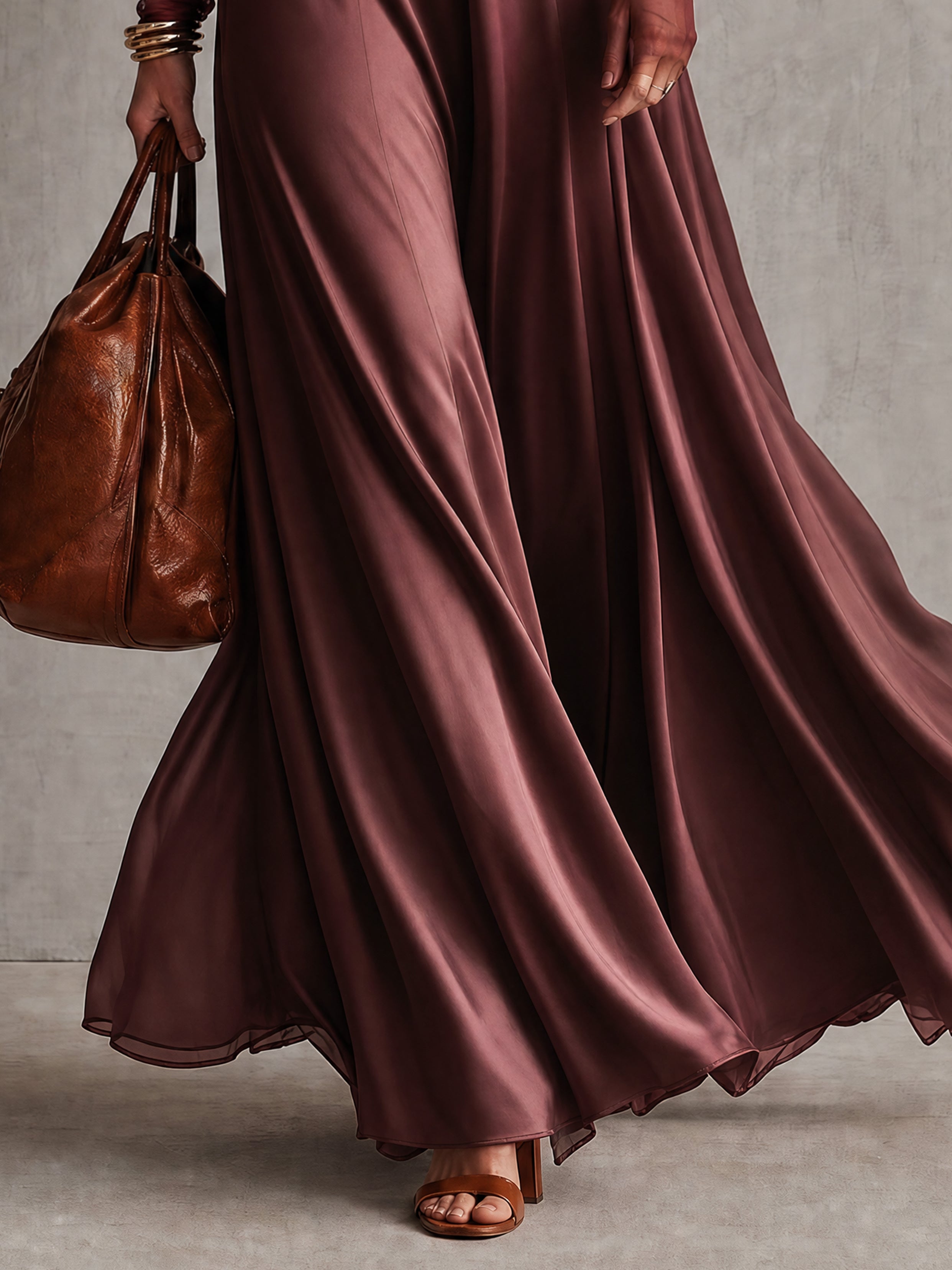 Burgundy Satin 3D Floral Maxi Dress