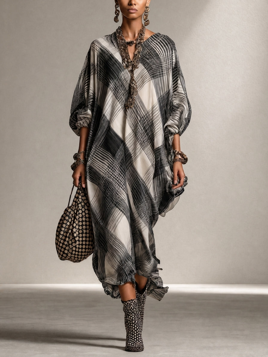 Black And Ivory Abstract Plaid Chiffon Maxi Dress