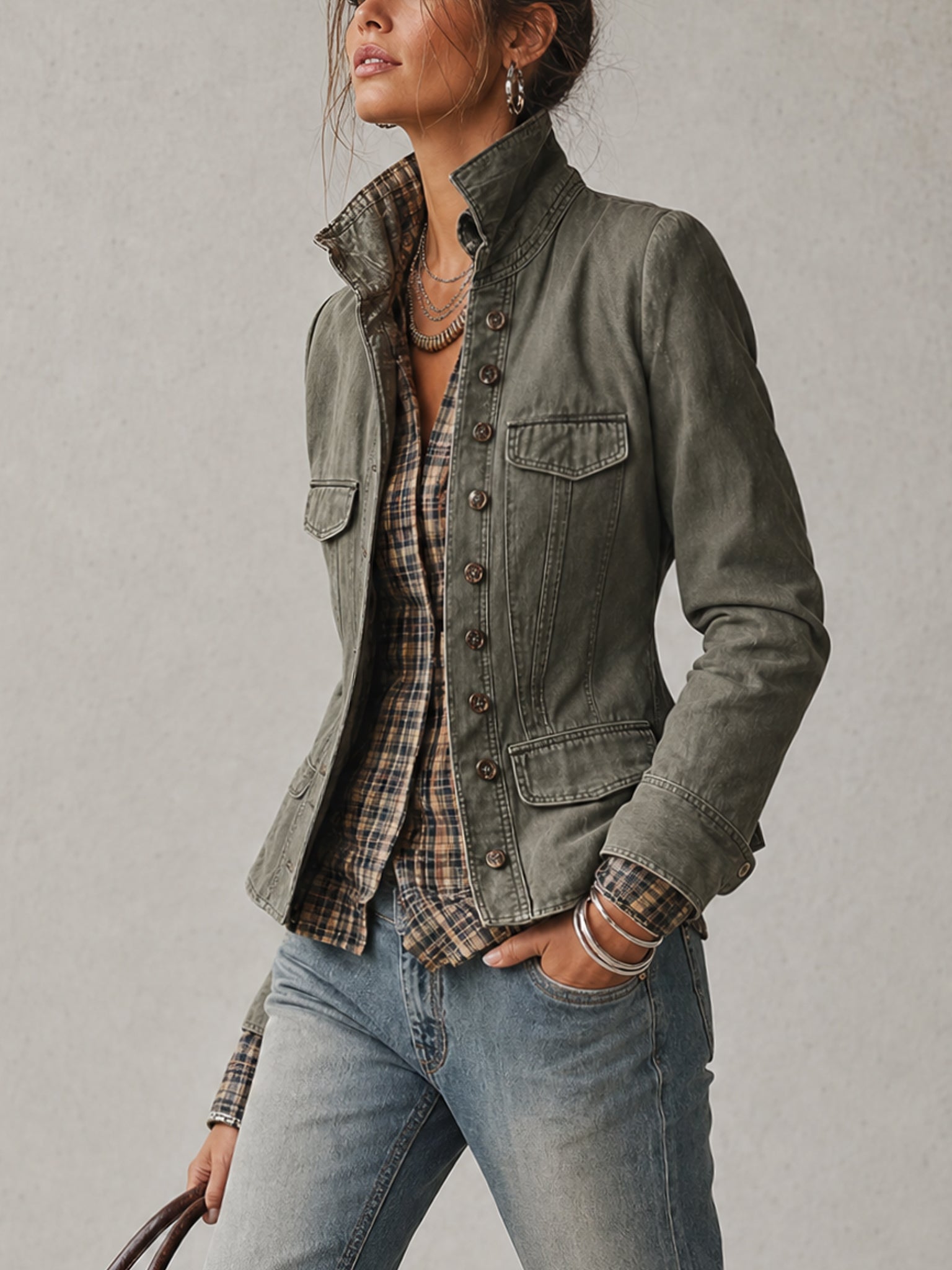 Green Washed Cotton Plaid Layered Look Jacket