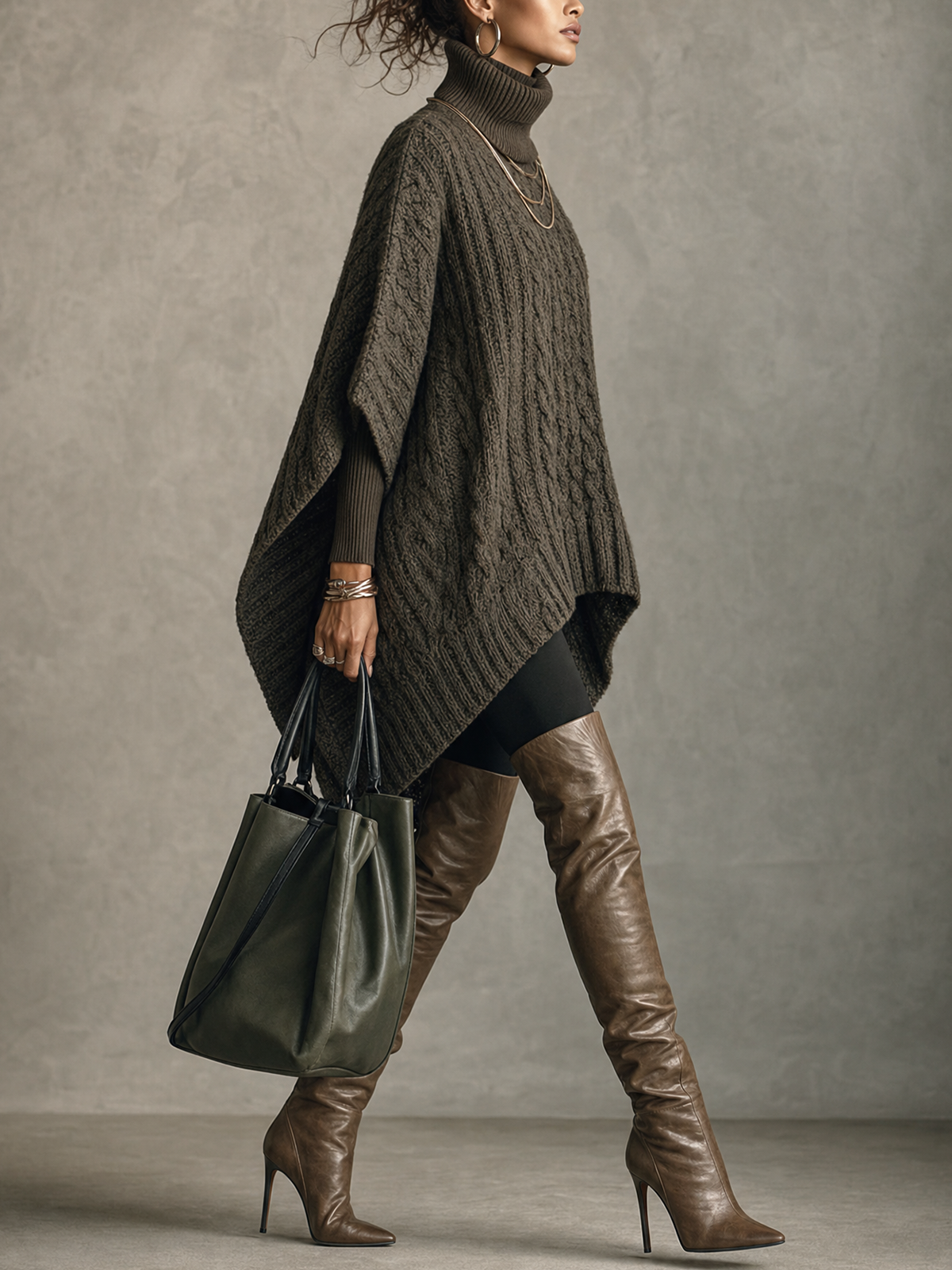 Olive Cable Knit Cape‑Style Long Sleeve Mini Sweater Dress