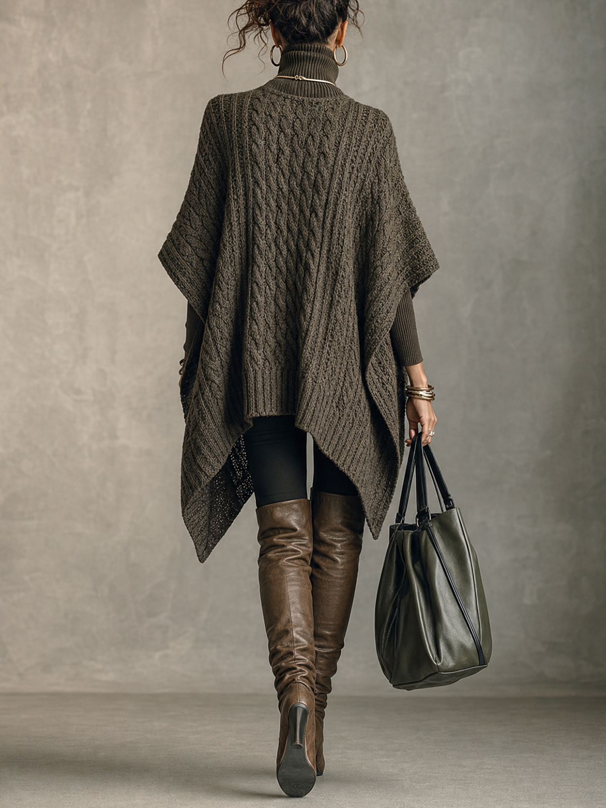 Olive Cable Knit Cape‑Style Long Sleeve Mini Sweater Dress