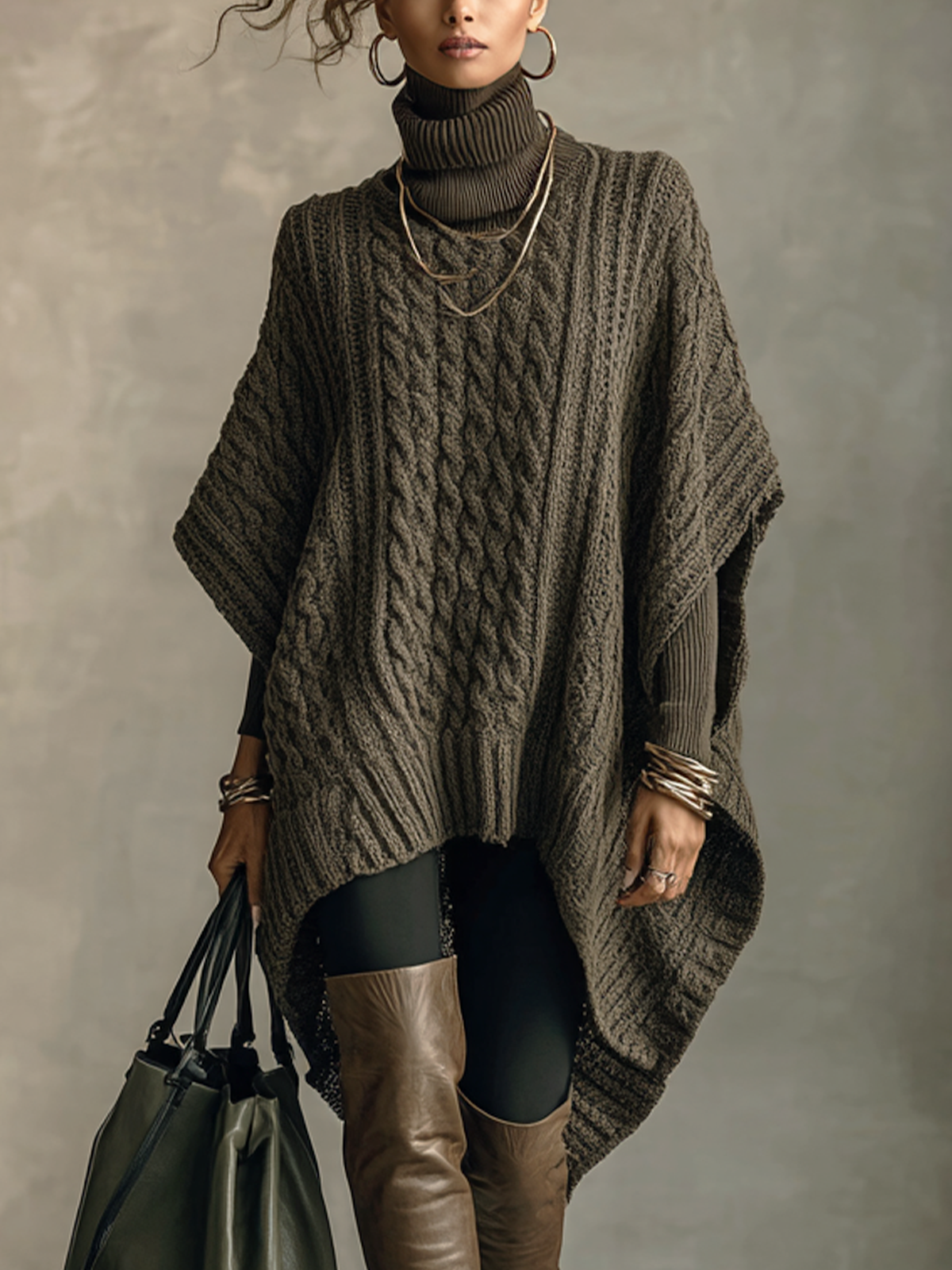 Olive Cable Knit Cape‑Style Long Sleeve Mini Sweater Dress