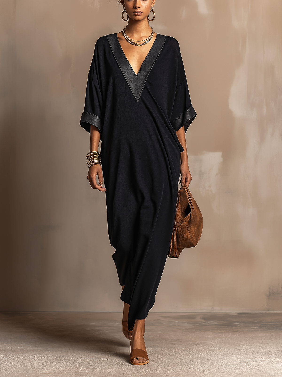 Black Faux Leather Trim V‑Neck Kaftan Maxi Dress