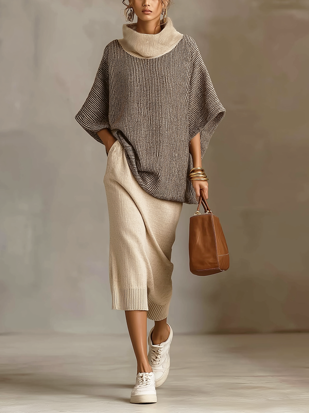 Two‑Tone Cowl Neck Knit Top & Beige Midi Skirt Set