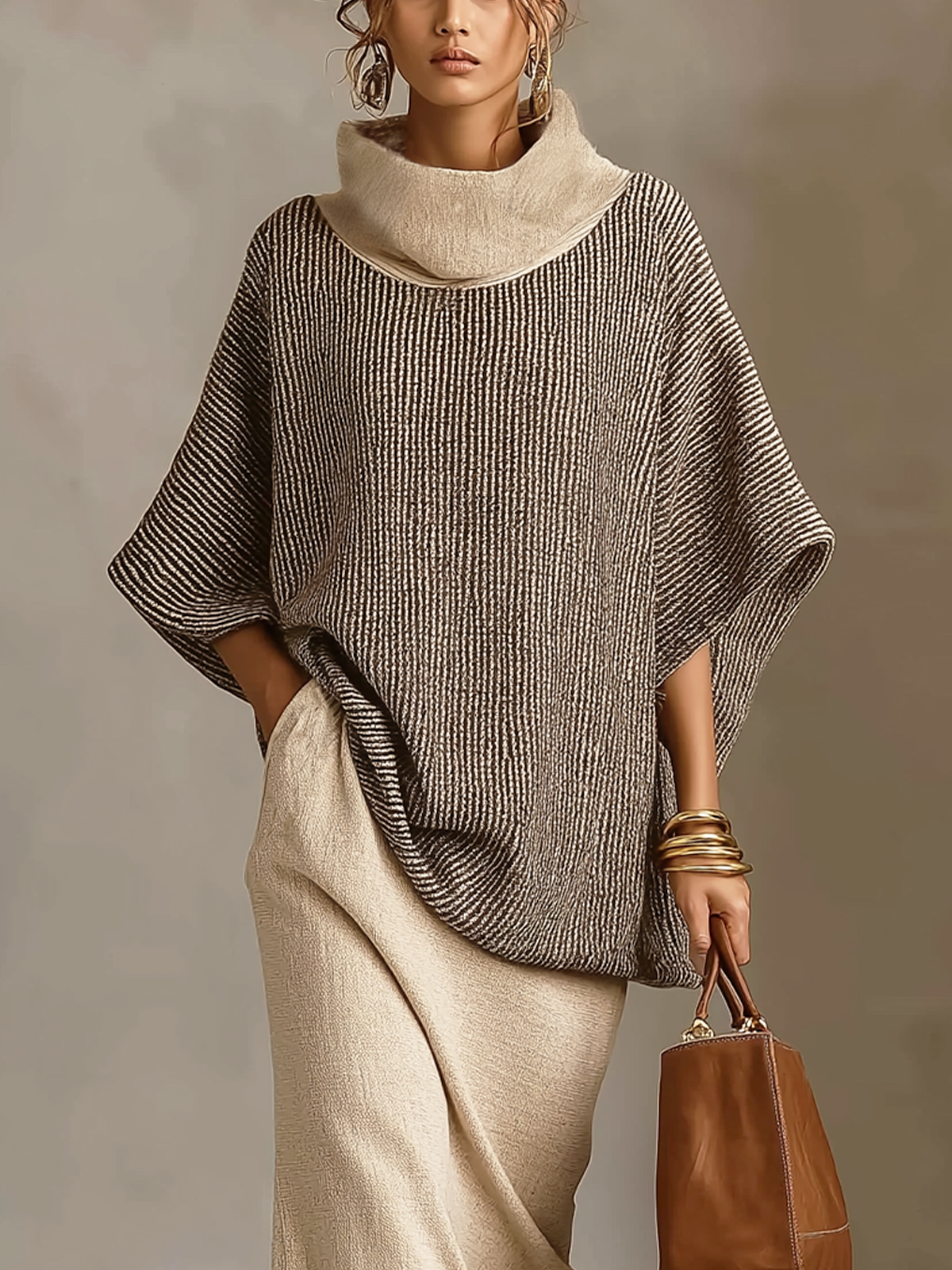 Two‑Tone Cowl Neck Oversized Poncho Knit Sweater