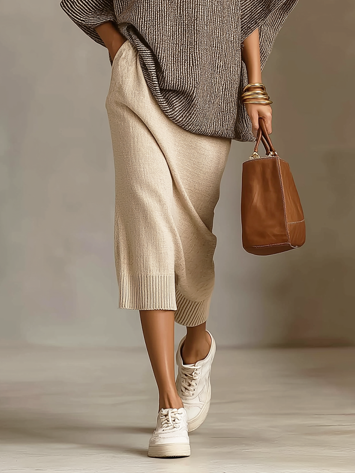 Beige Textured Knit Midi Skirt