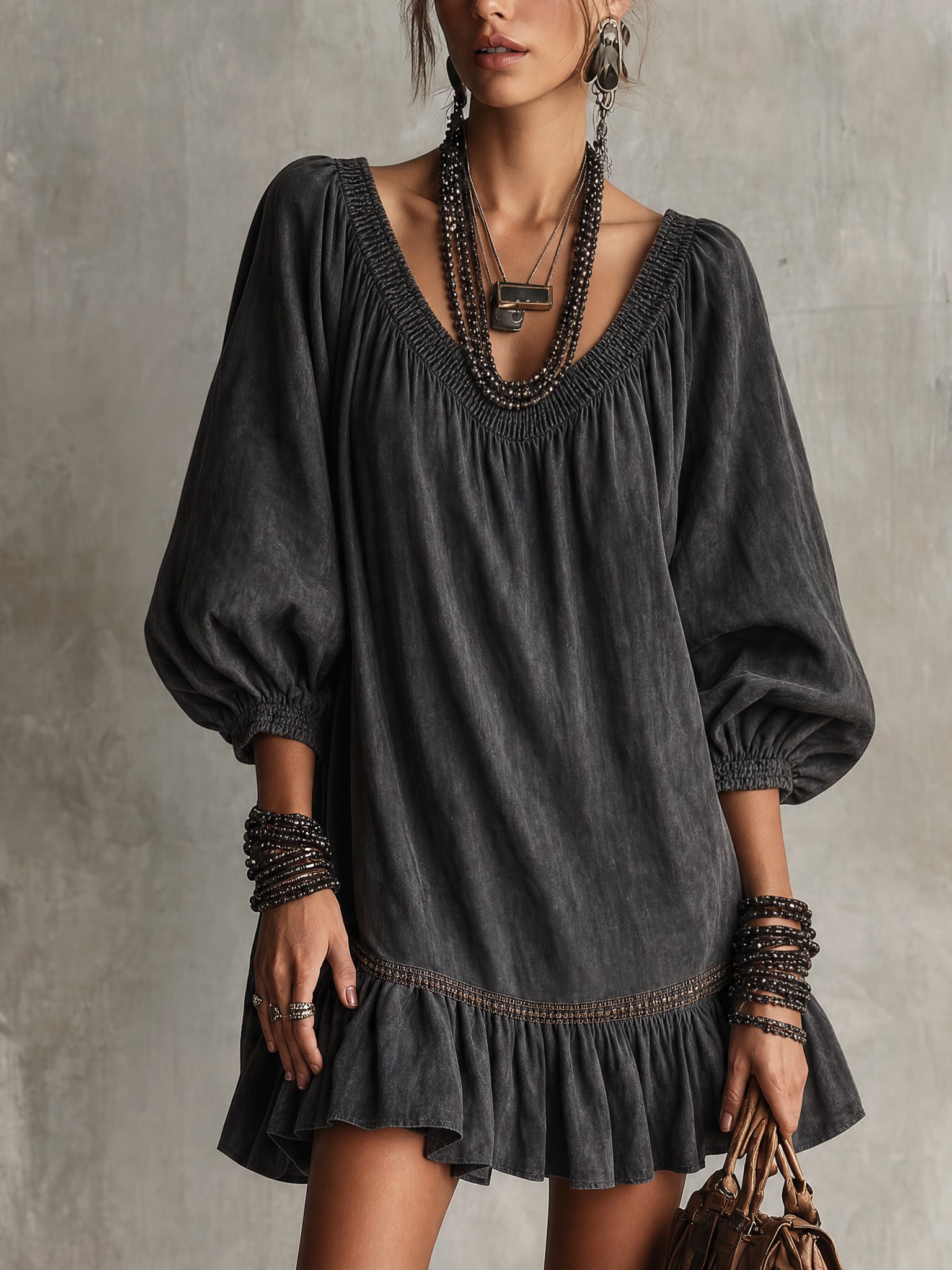Black Washed Cotton V-Neck Loose Mini Dress