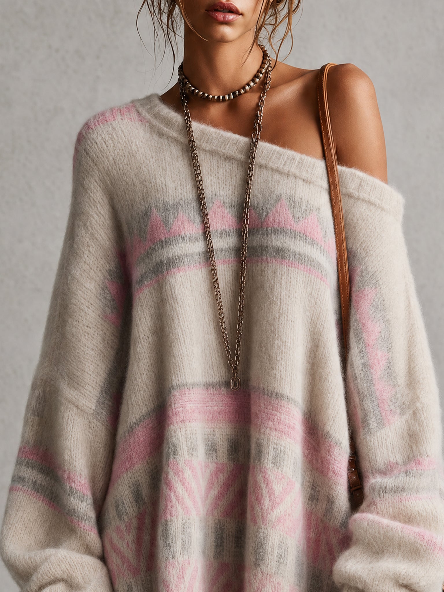 Beige Off Shoulder Knit Color Block Mini Dress