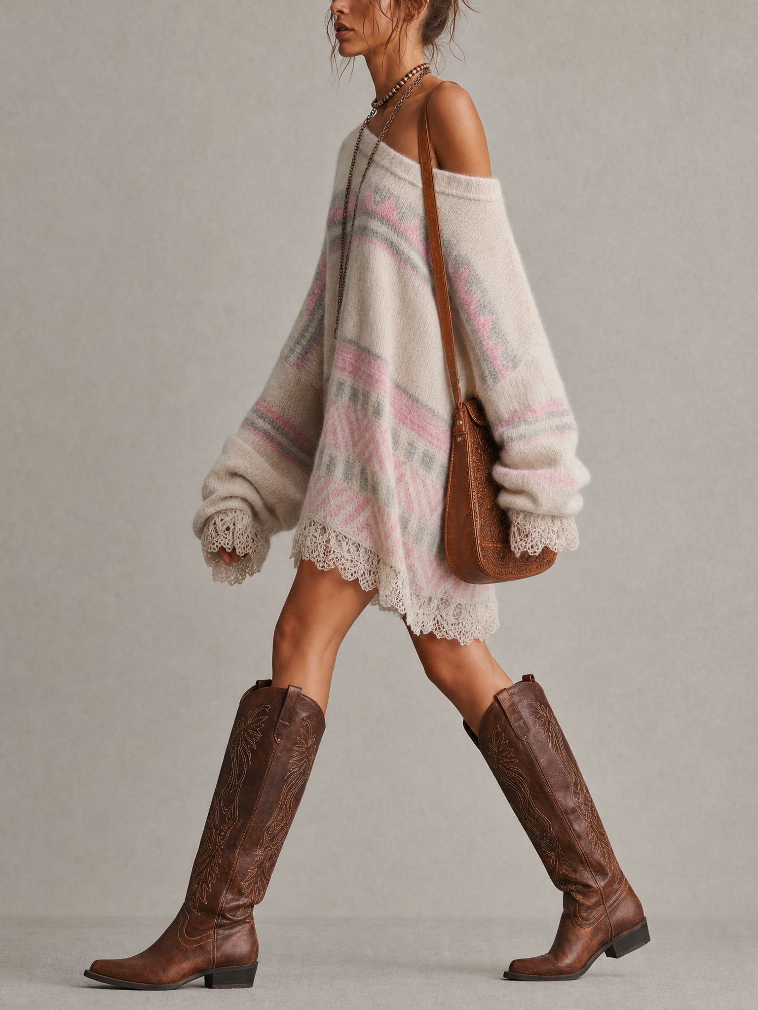 Beige Off Shoulder Knit Color Block Mini Dress