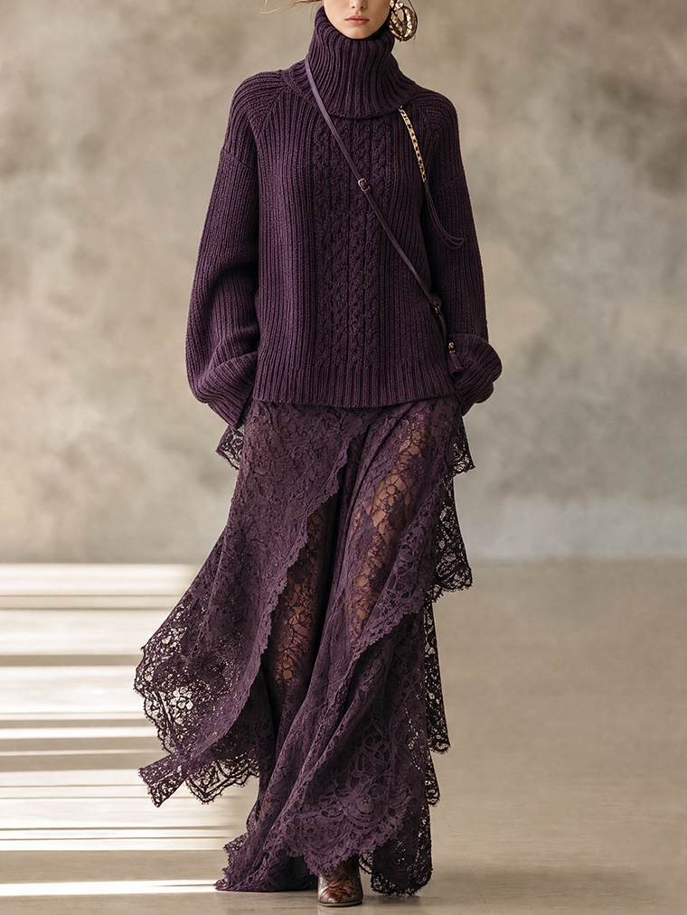 Deep Plum Asymmetric Layered Lace Maxi Skirt