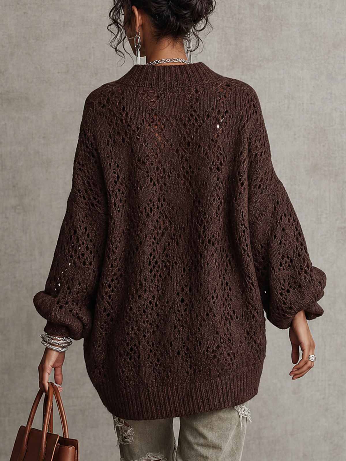 Dark Brown Crochet Knit V‑Neck Oversized Sweater