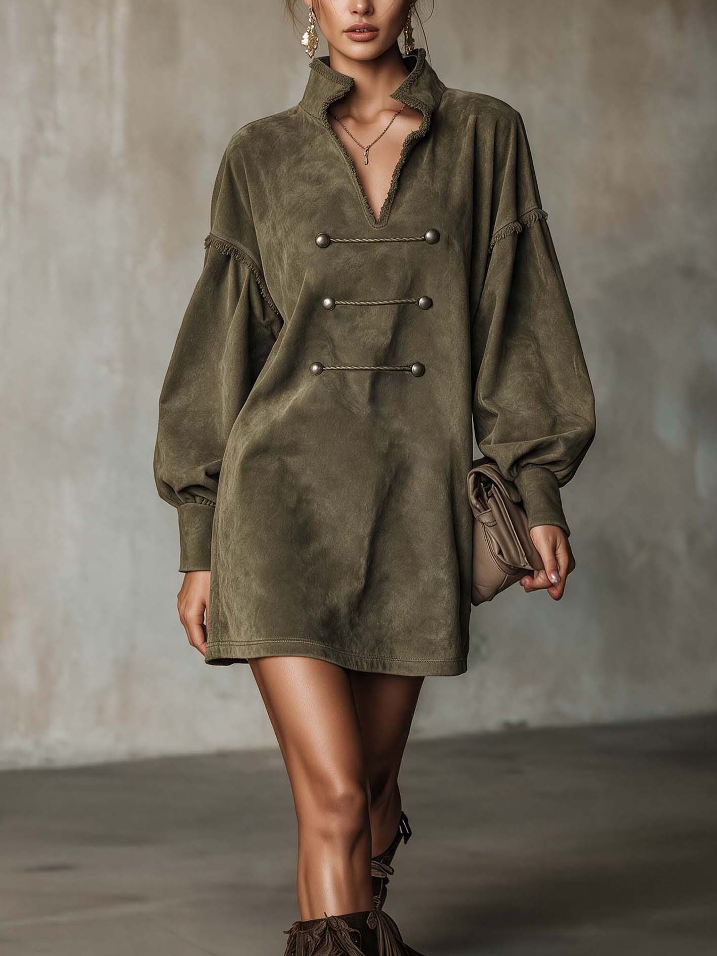Olive Green Faux Suede Mini Dress With Stand Collar And Decorative Button Trim