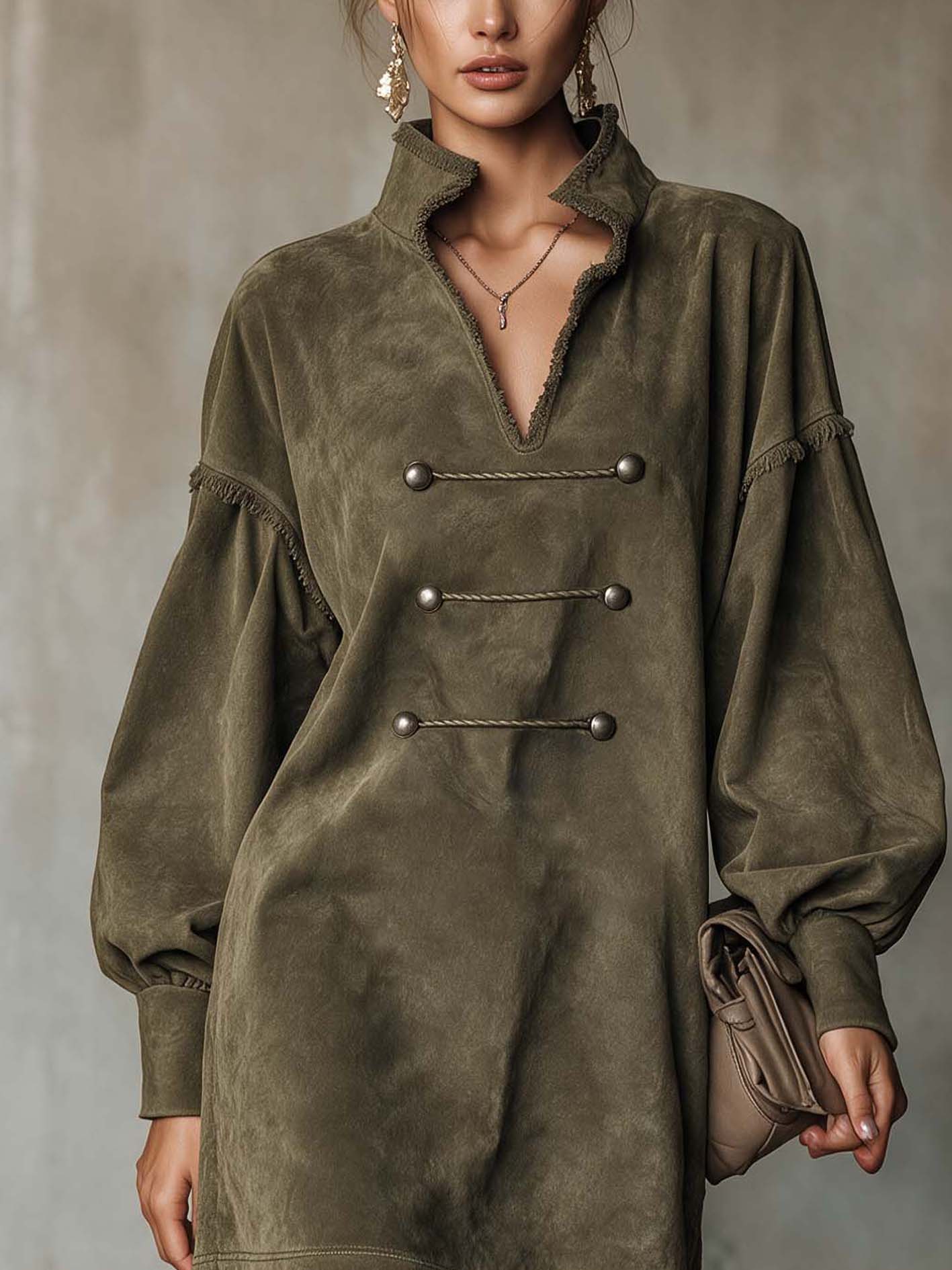 Olive Green Faux Suede Mini Dress With Stand Collar And Decorative Button Trim