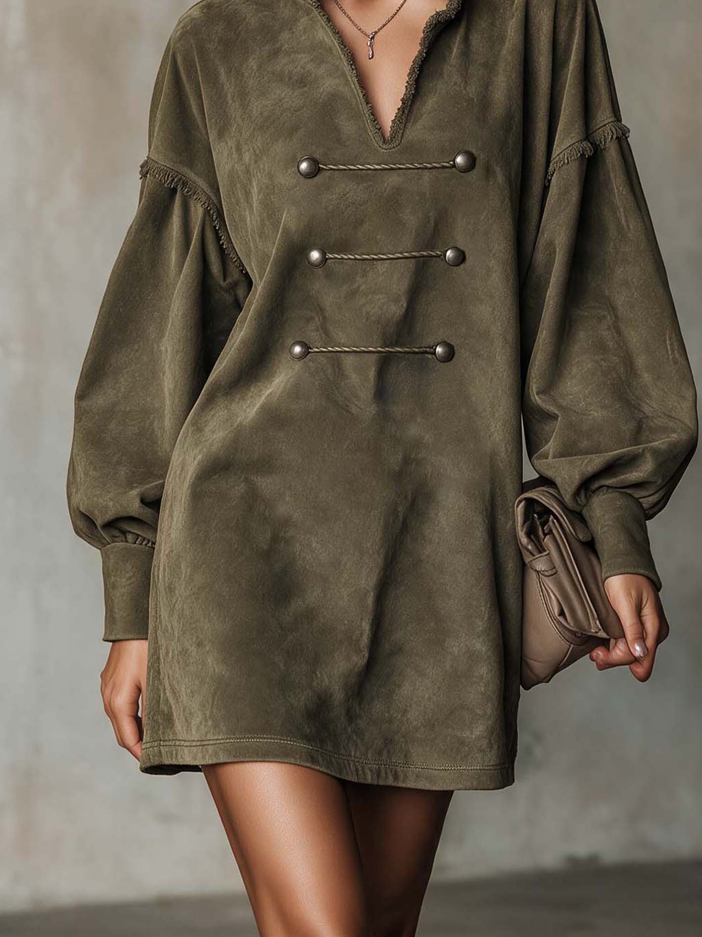 Olive Green Faux Suede Mini Dress With Stand Collar And Decorative Button Trim