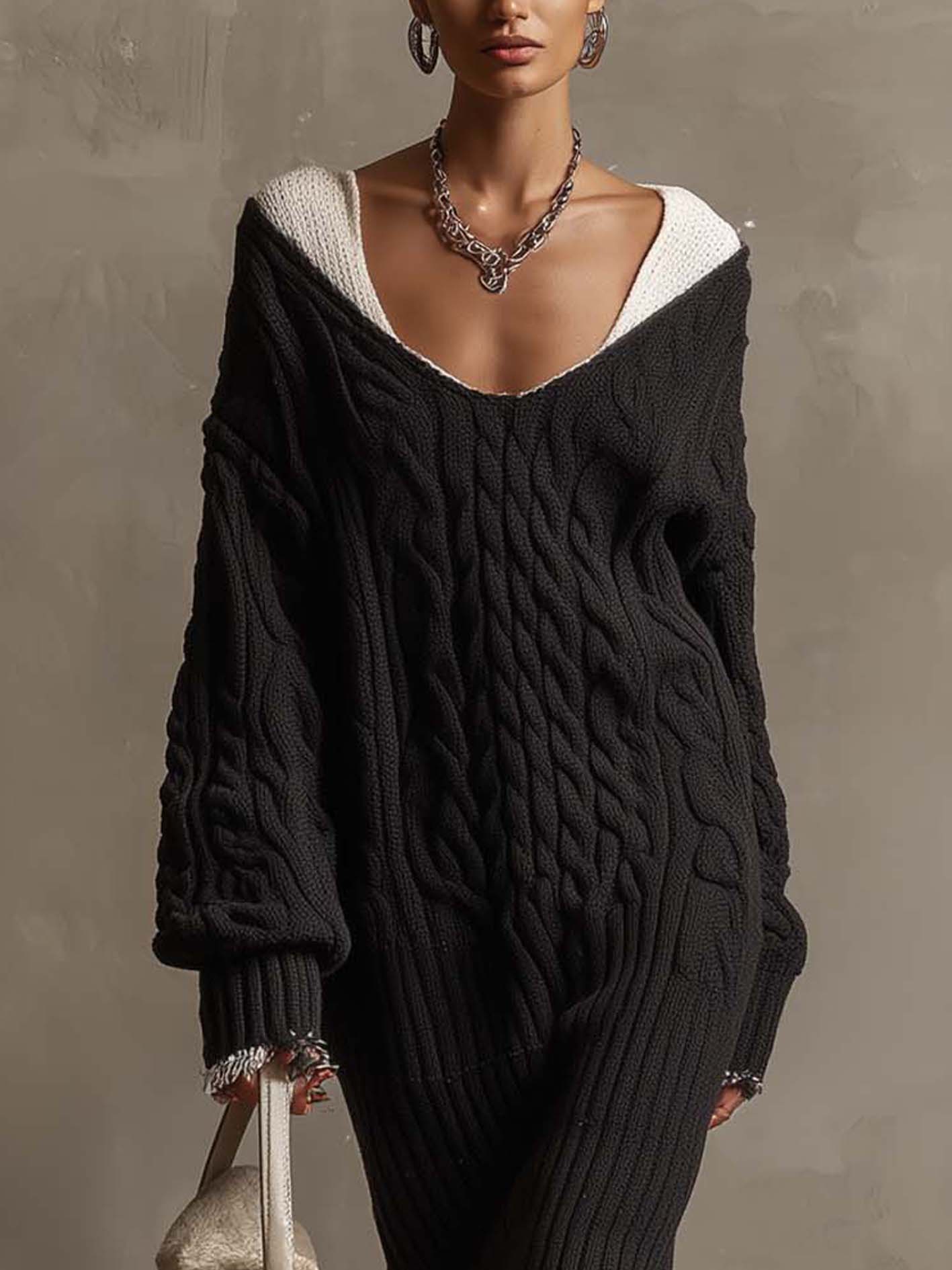 Black Cable Knit Patchwork Neckline Midi Dress With Fringe Trim