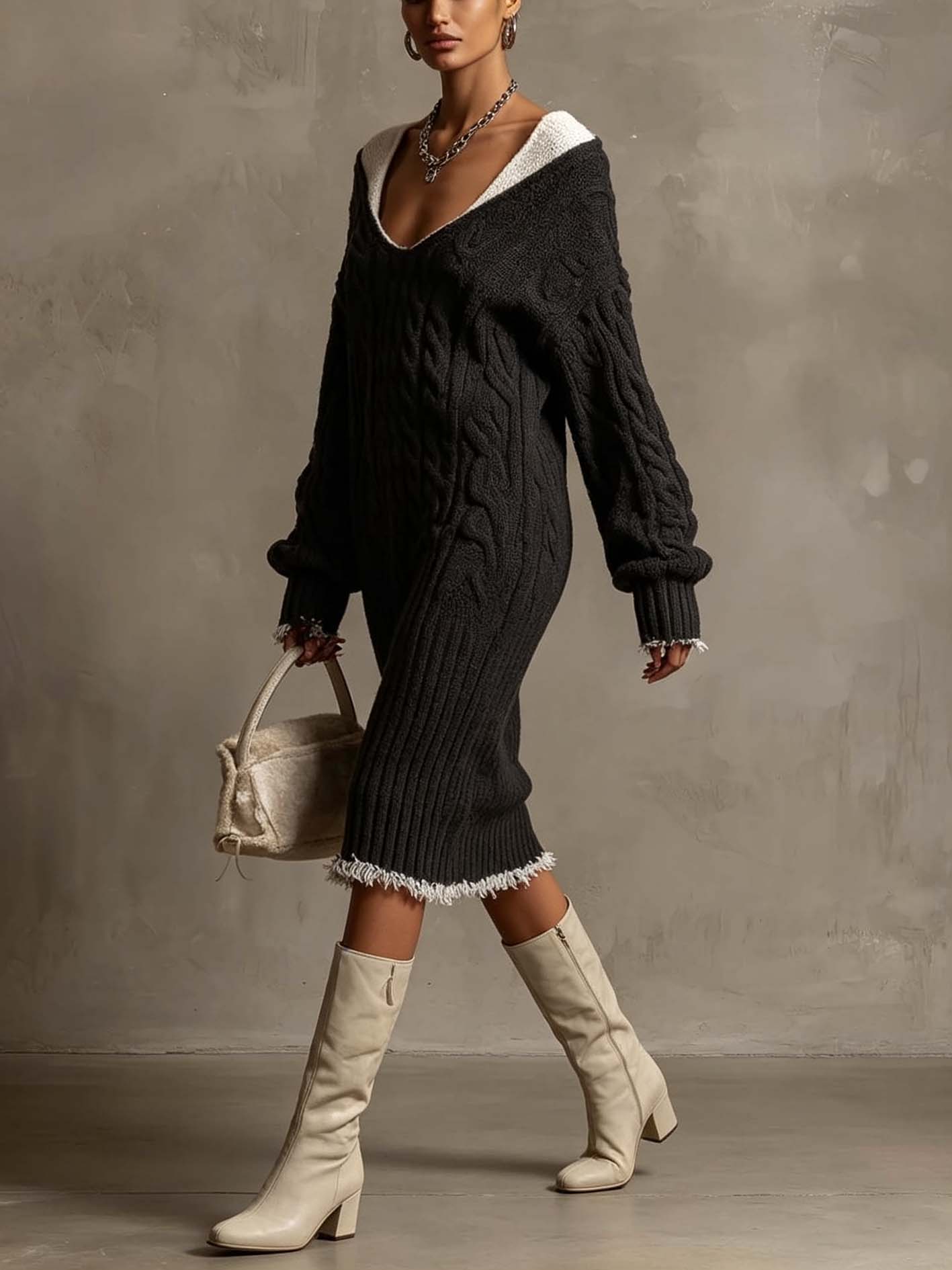 Black Cable Knit Patchwork Neckline Midi Dress With Fringe Trim