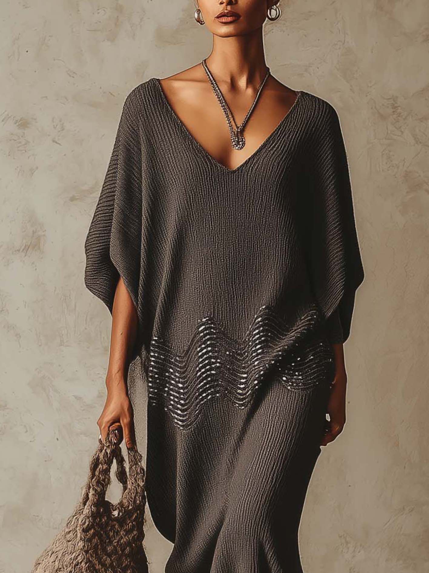 Taupe Sequin Embroidered Knit Midi Dress With V-Neck