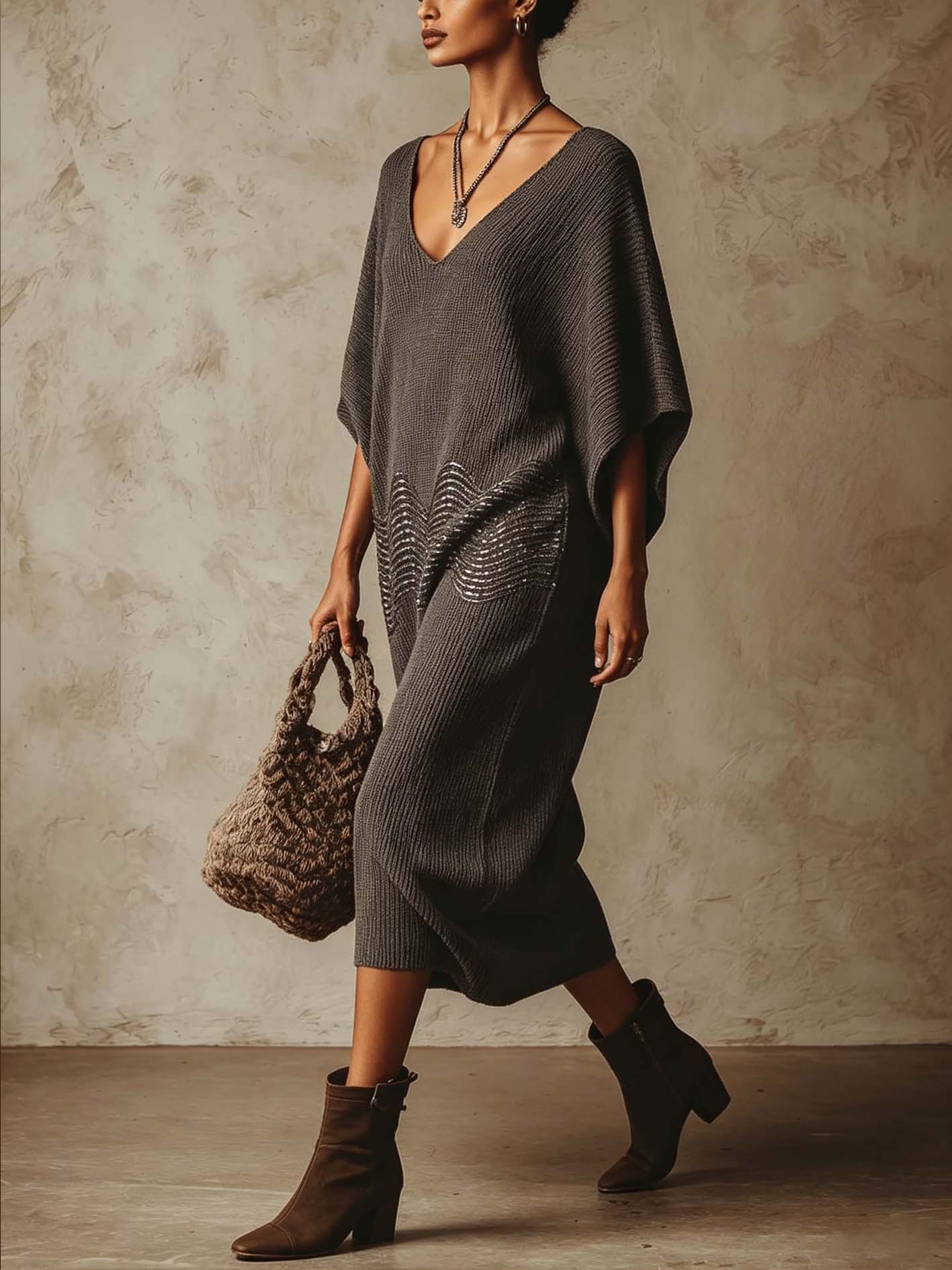 Taupe Sequin Embroidered Knit Midi Dress With V-Neck