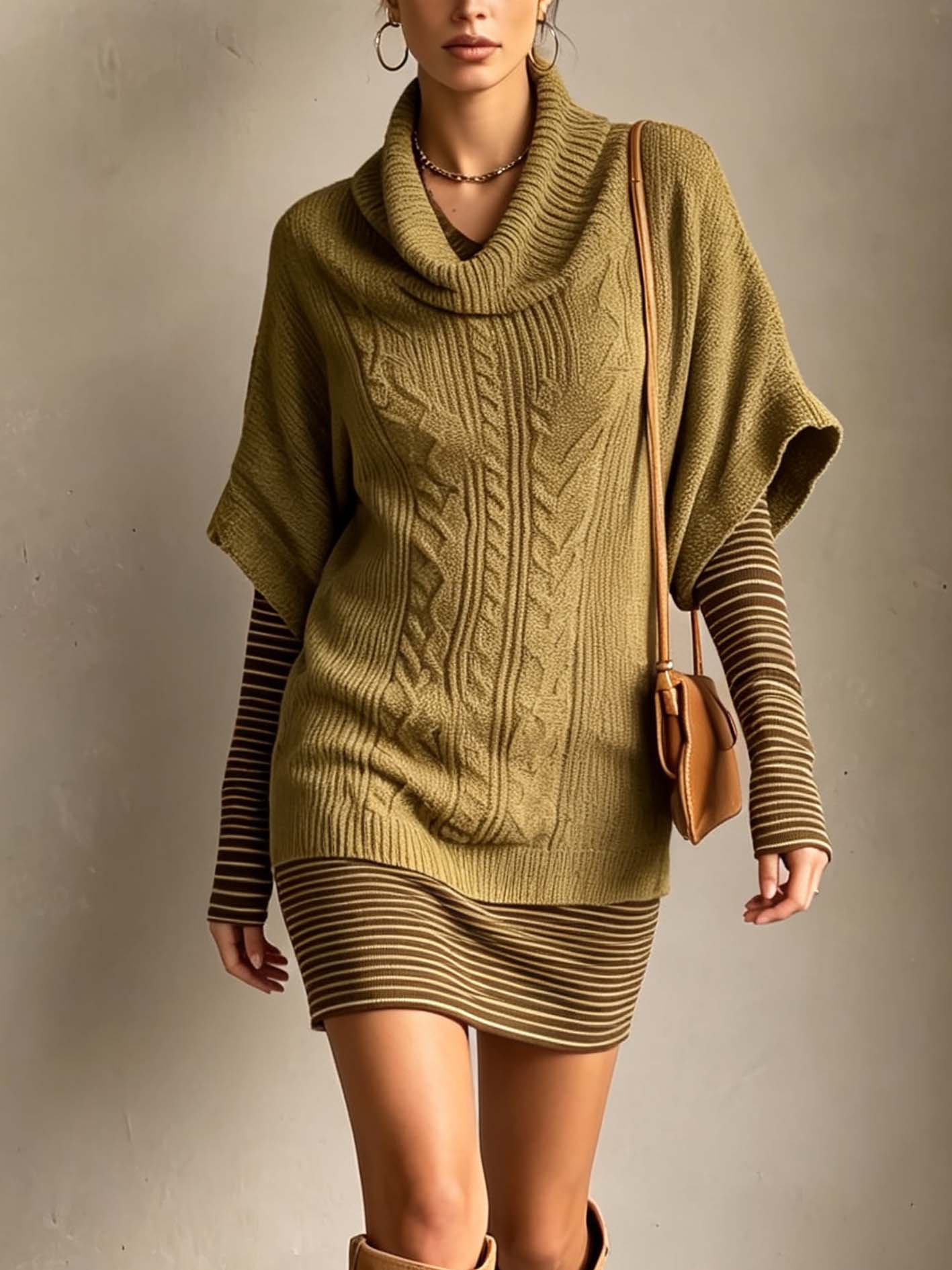 Olive Green Cable Knit Faux Two-Piece Mini Sweater Dress With Striped Sleeves