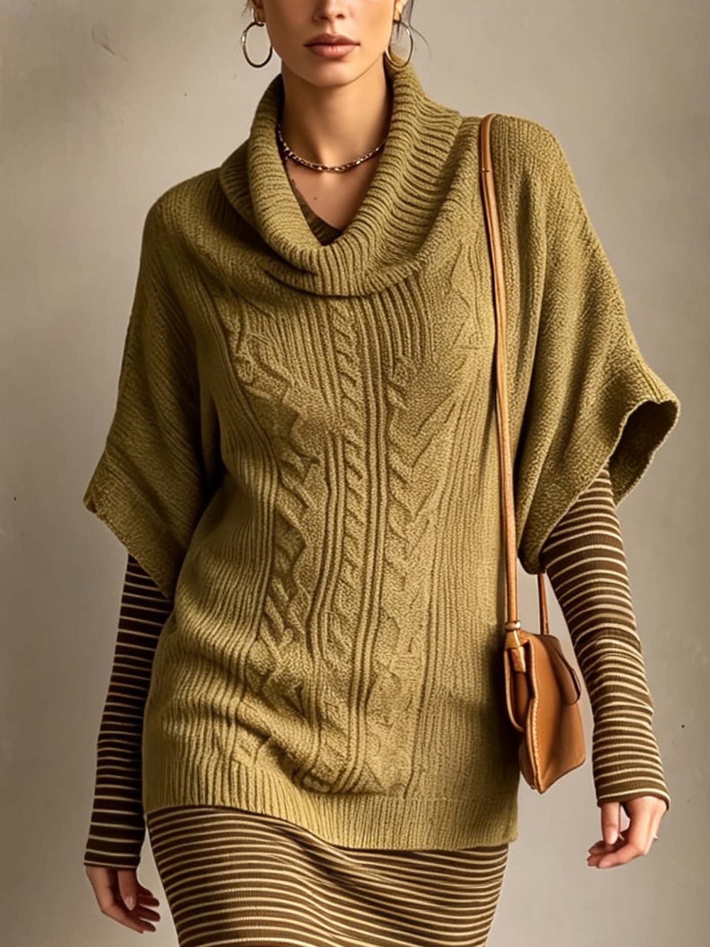Olive Green Cable Knit Faux Two-Piece Mini Sweater Dress With Striped Sleeves