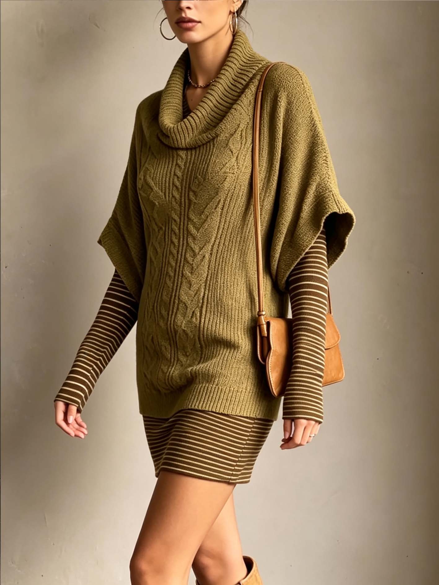 Olive Green Cable Knit Faux Two-Piece Mini Sweater Dress With Striped Sleeves