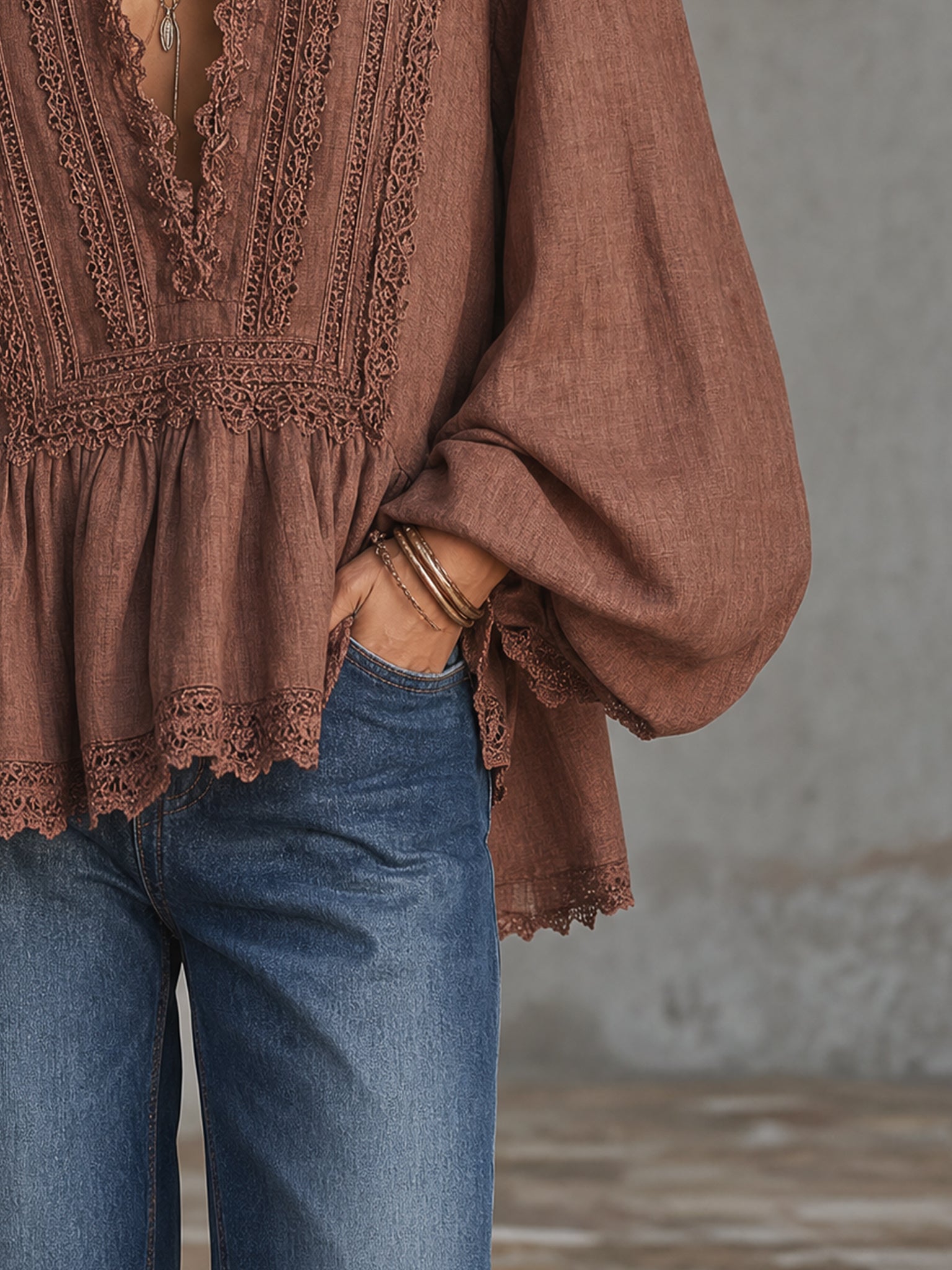 Vintage Red Linen Deep V-Neck Lace Trim Loose Top